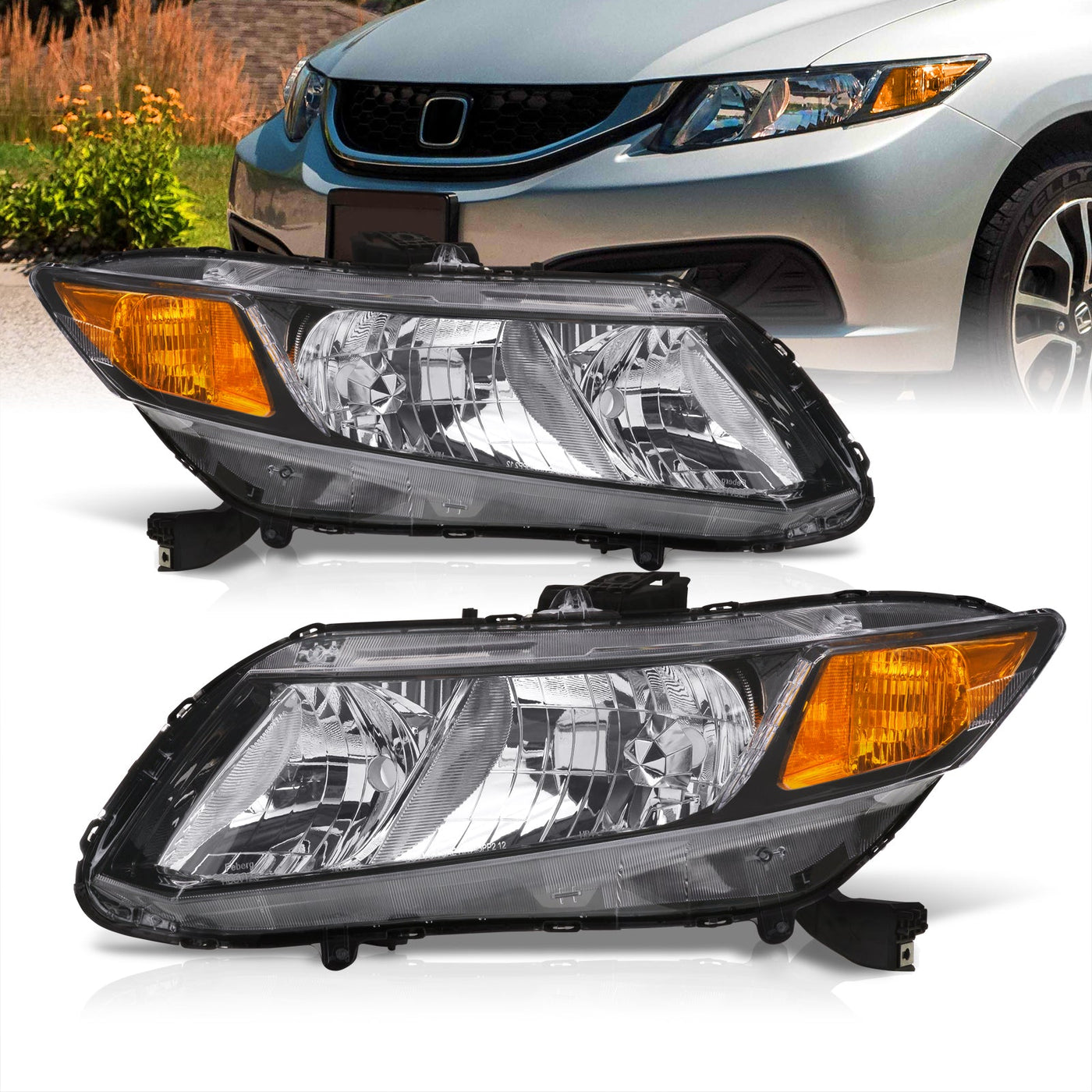 Honda Civic Sedan 2012-2015 / Honda Civic Coupe 2012-2013 Factory Style Headlights Black Housing Clear Len Amber Reflector