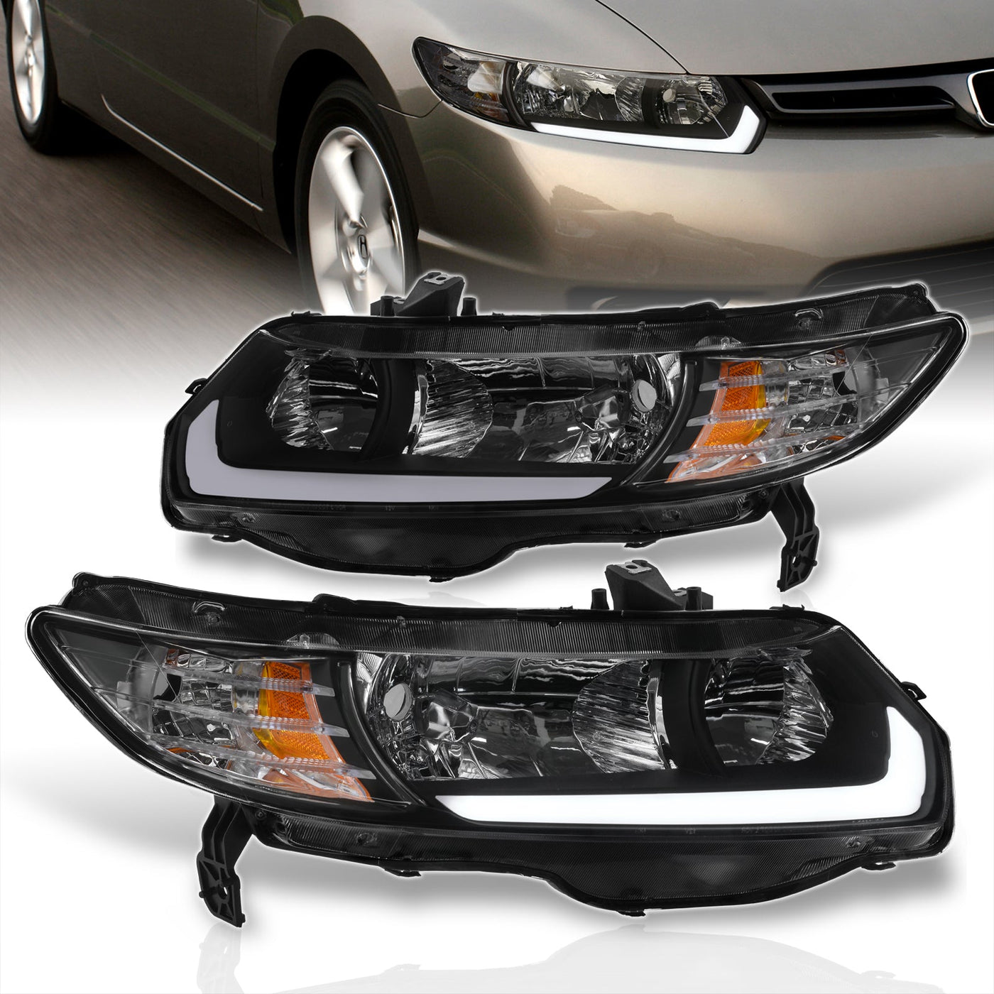 Honda Civic Coupe 2006-2011 LED DRL Bar Factory Style Headlights Black Housing Clear Len Amber Reflector