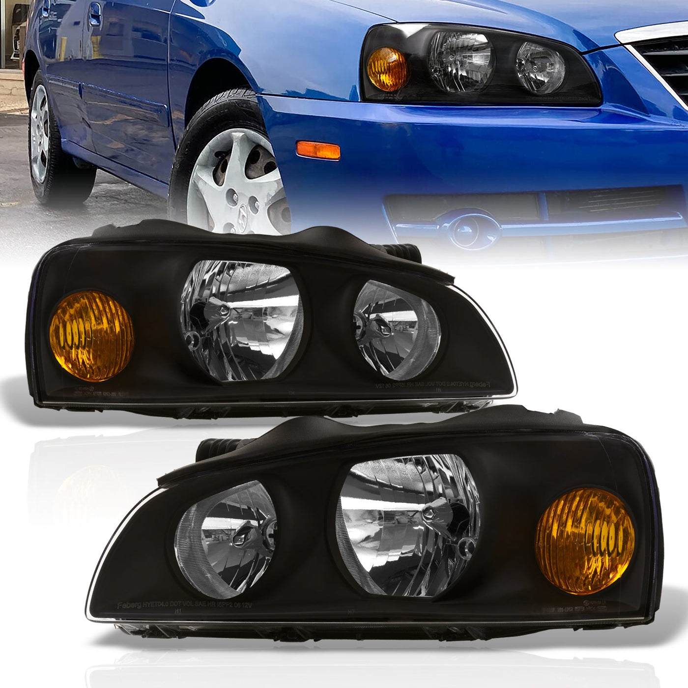 Hyundai Elantra 2004-2006 Factory Style Headlights Black Housing Clear Len Amber Reflector