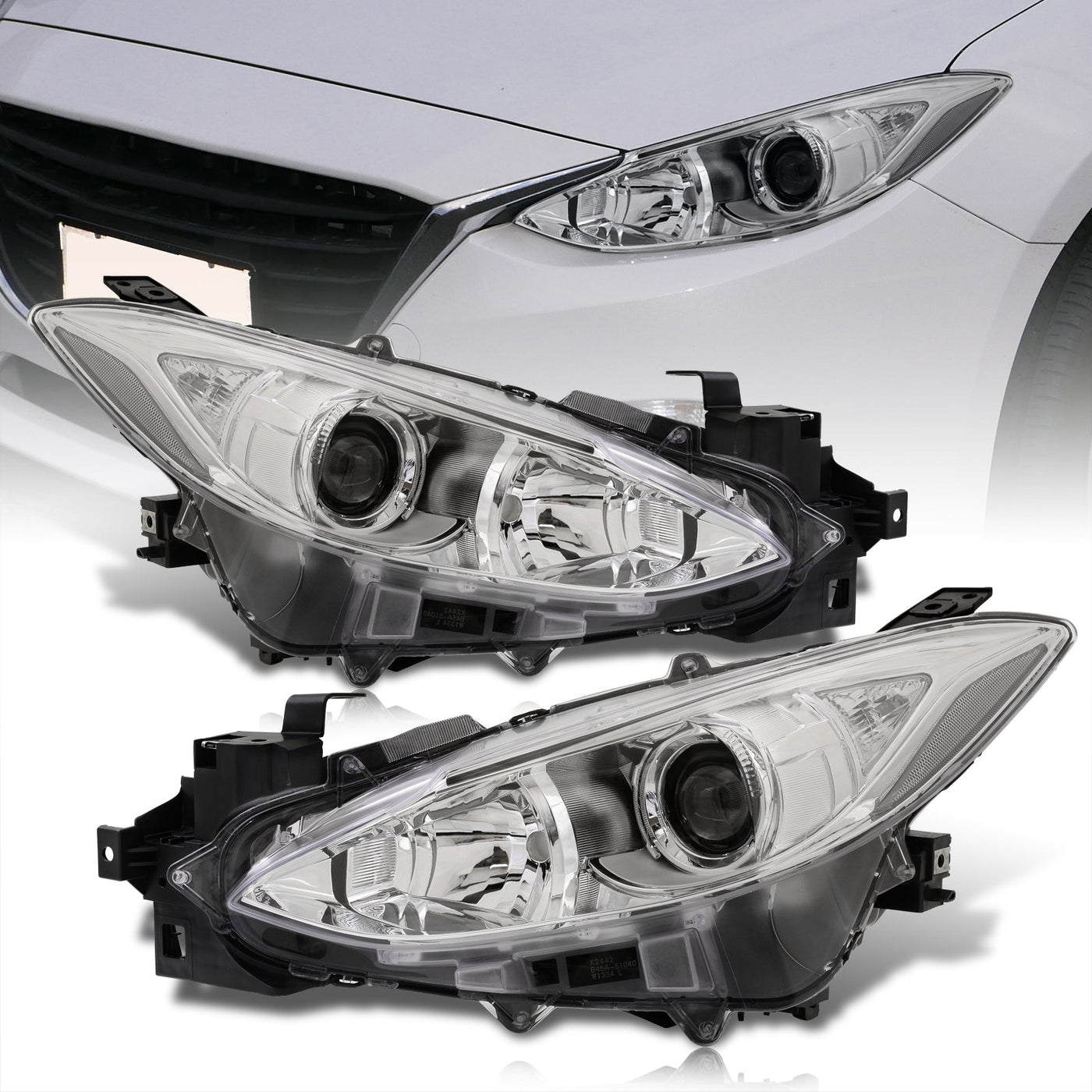 Mazda 3 2014-2016 Factory Style Projector Headlights Chrome Housing Clear Len Clear Reflectors (Halogen Models Only)