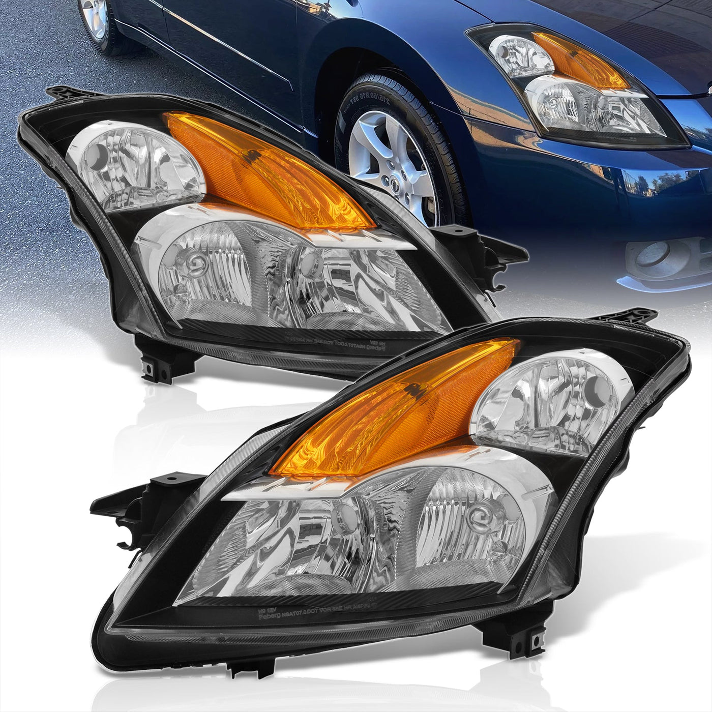 Nissan Altima Sedan 2007-2009 Factory Style Headlights Black Housing Clear Len Amber Reflector (Halogen Models Only)