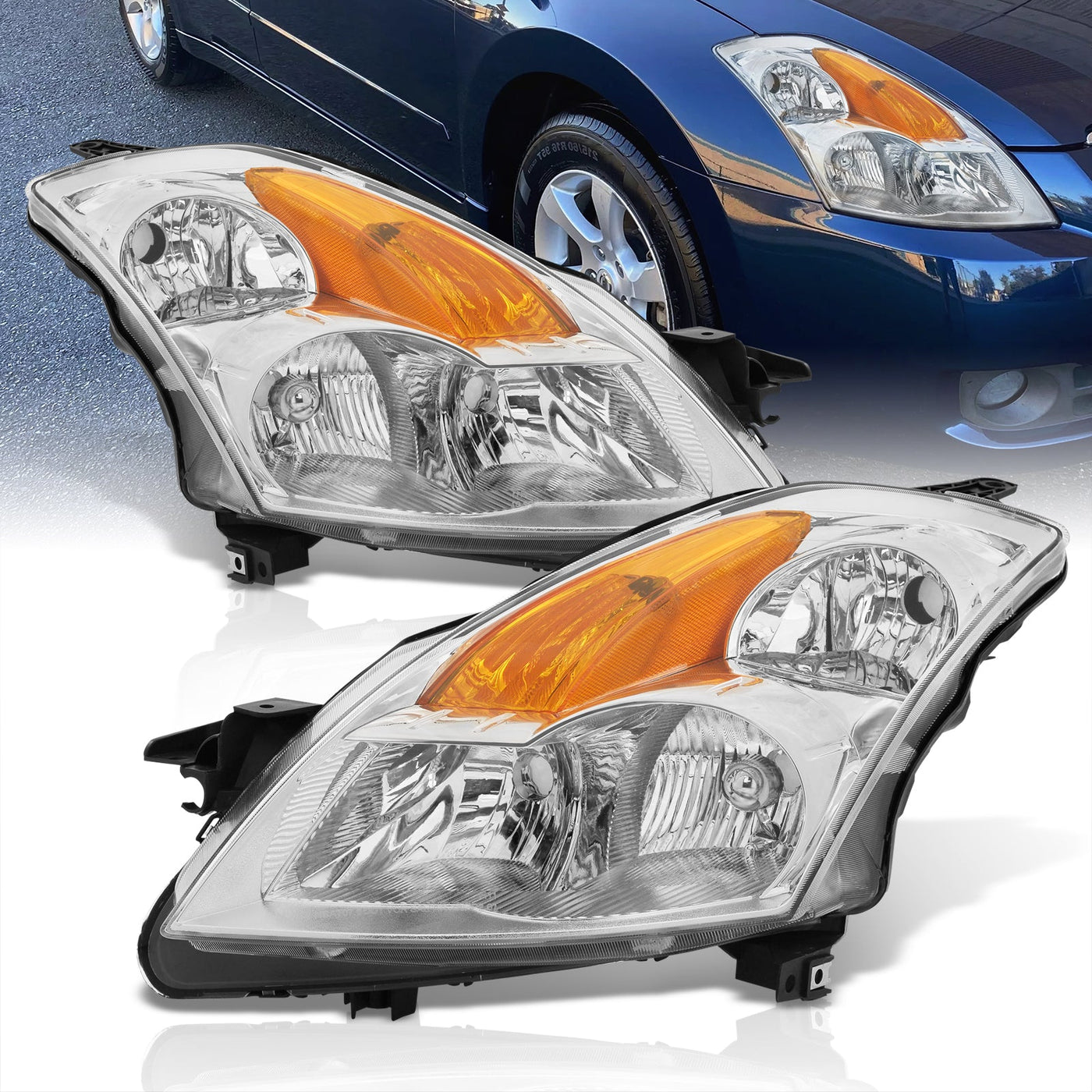 Nissan Altima Sedan 2007-2009 Factory Style Headlights Chrome Housing Clear Len Amber Reflector (Halogen Models Only)