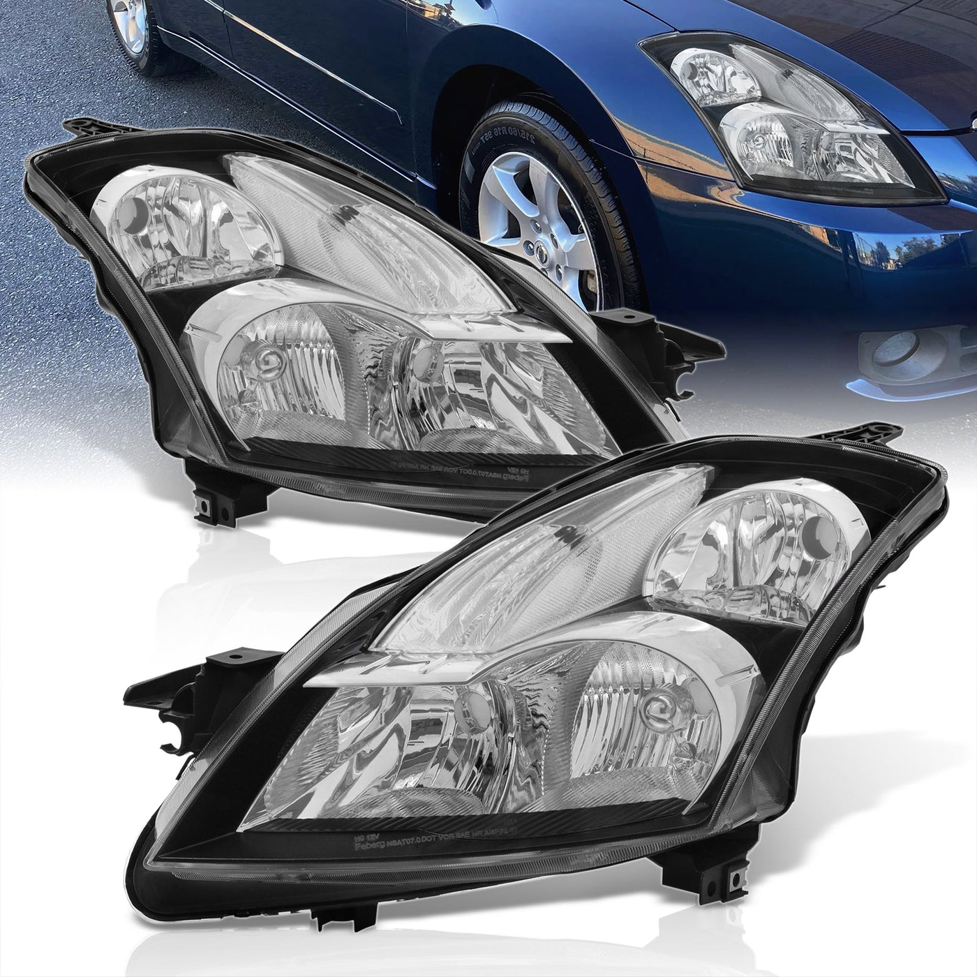 Nissan Altima Sedan 2007-2009 Factory Style Headlights Black Housing Clear Len Clear Reflector (Halogen Models Only)