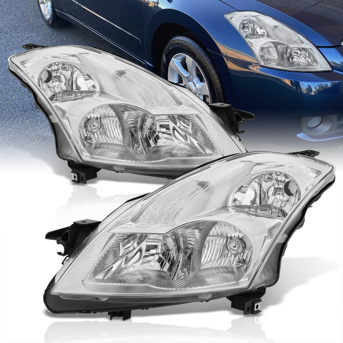 Nissan Altima Sedan 2007-2009 Factory Style Headlights Chrome Housing Clear Len Clear Reflector (Halogen Models Only)