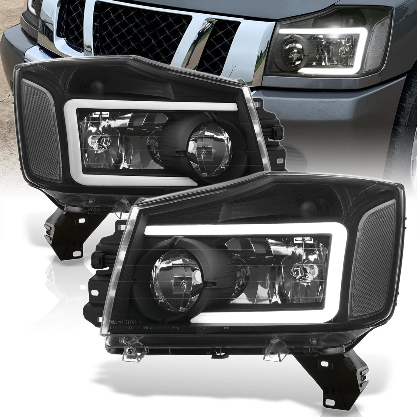 Nissan Titan 2004-2015 / Armada 2004-2007 LED DRL Bar Factory Style Headlights Black Housing Clear Len Clear Reflector