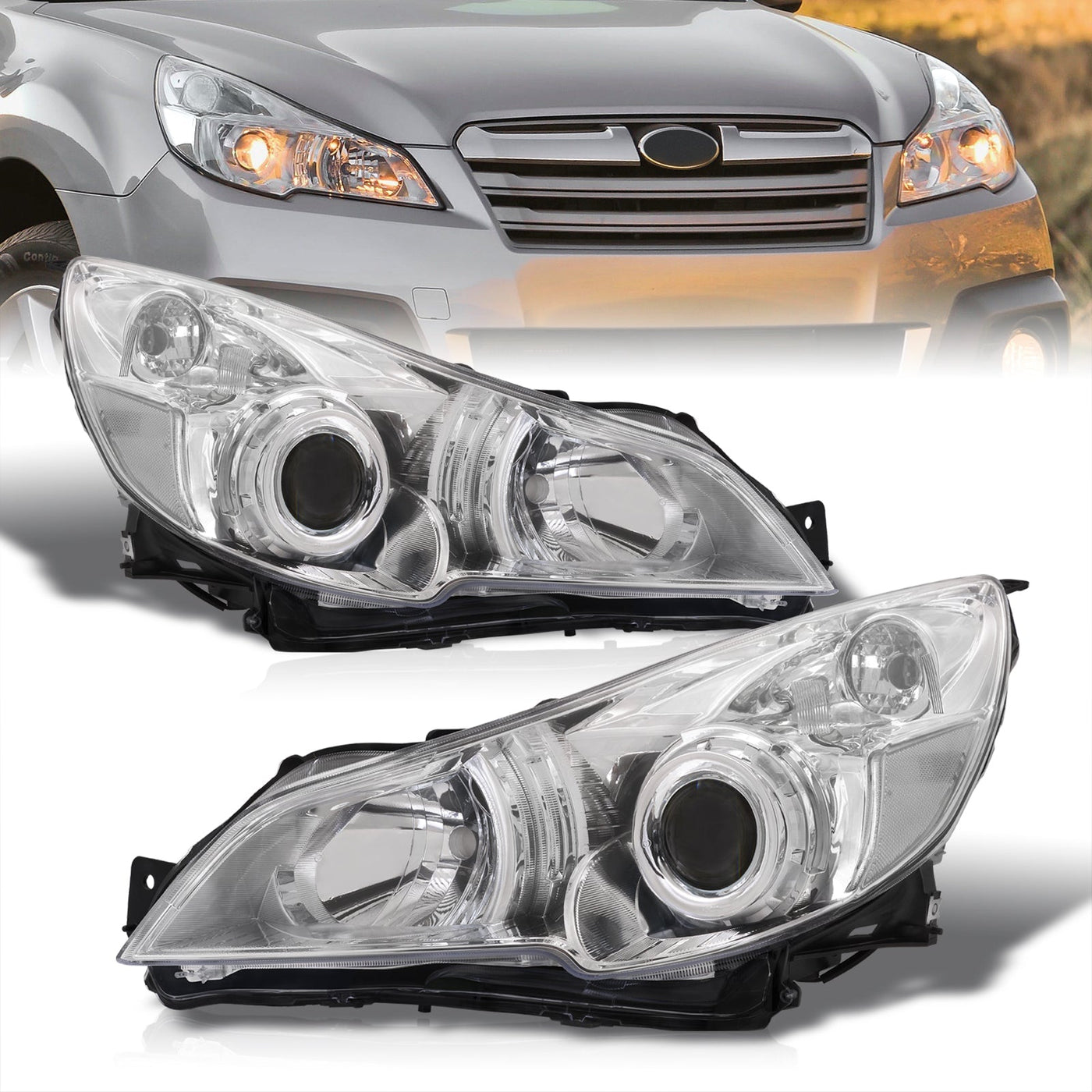 Subaru Legacy / Outback 2010-2014 Factory Style Headlights Chrome Housing Clear Len Clear Reflector