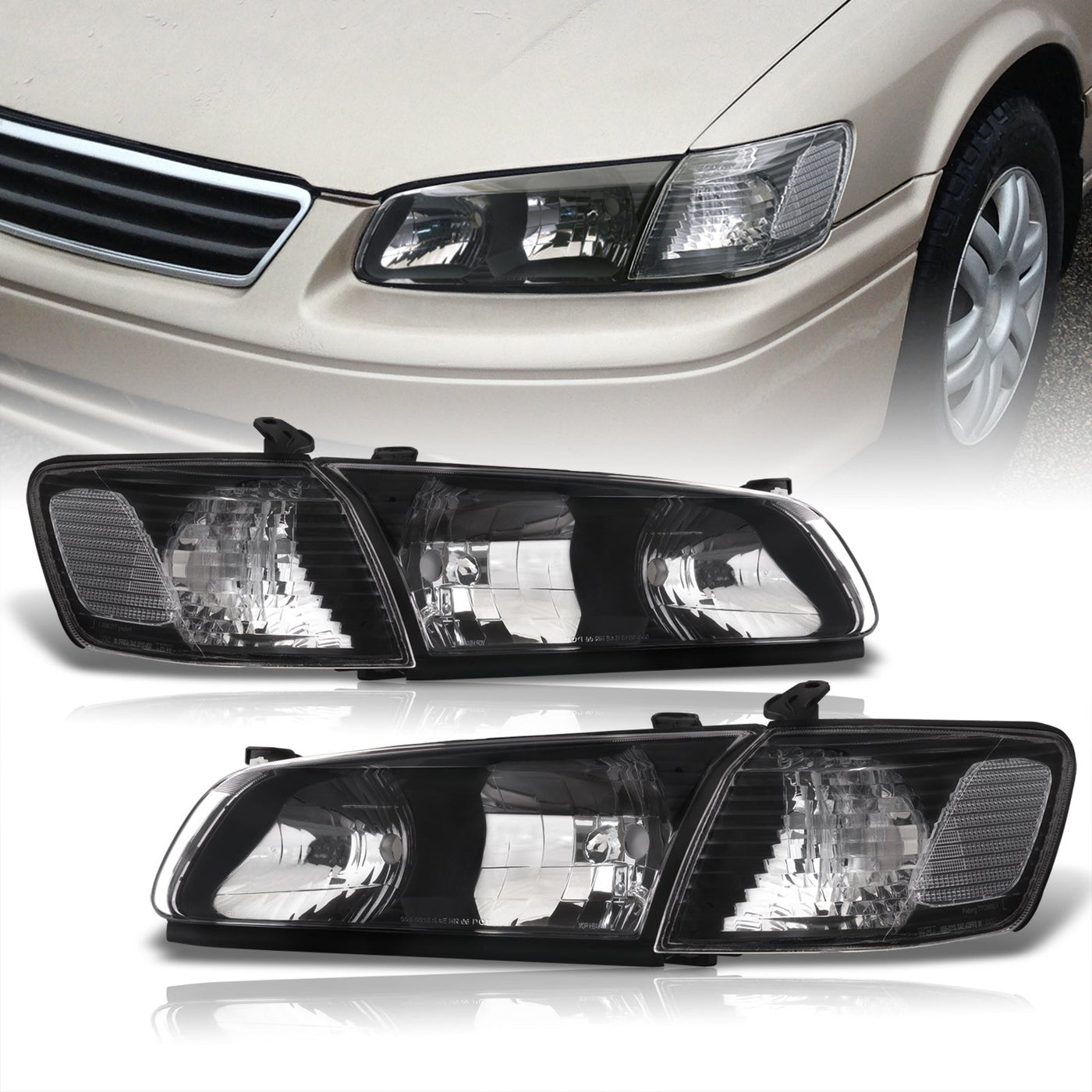 Toyota Camry 2000-2001 Factory Style Headlights + Corners Black Housing Clear Len Clear Reflector