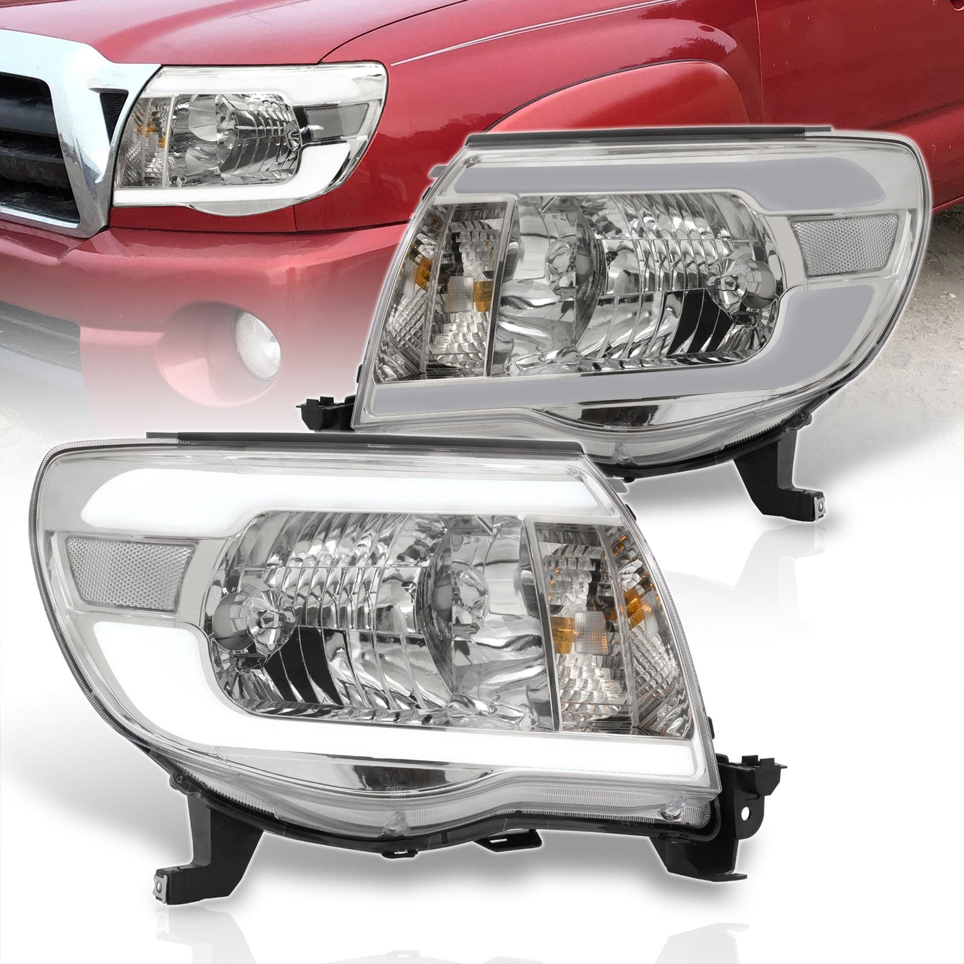 Toyota Tacoma 2005-2011 LED DRL Bar Factory Style Headlights Chrome Housing Clear Len Clear Reflector