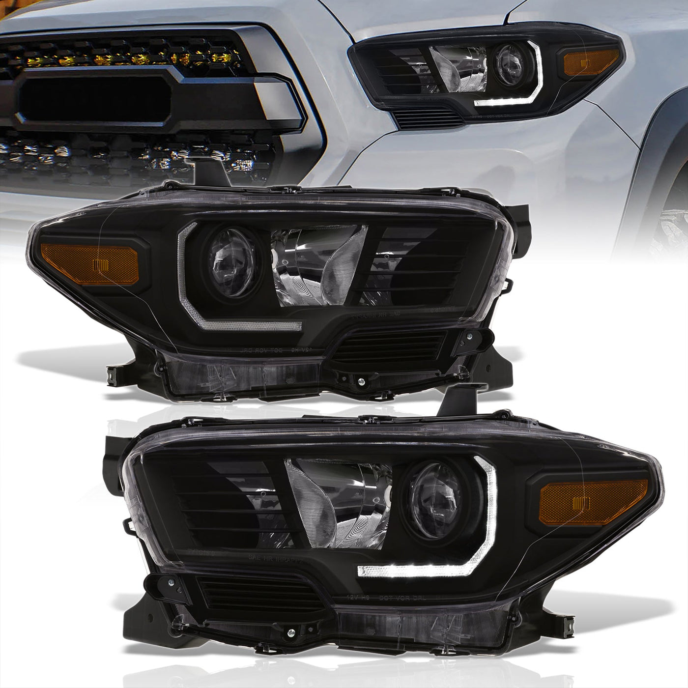 Toyota Tacoma 2016-2023 Factory Style Projector Headlights Black Housing Clear Len Amber Reflector (Models with Factory LED DRL Headlights Only)