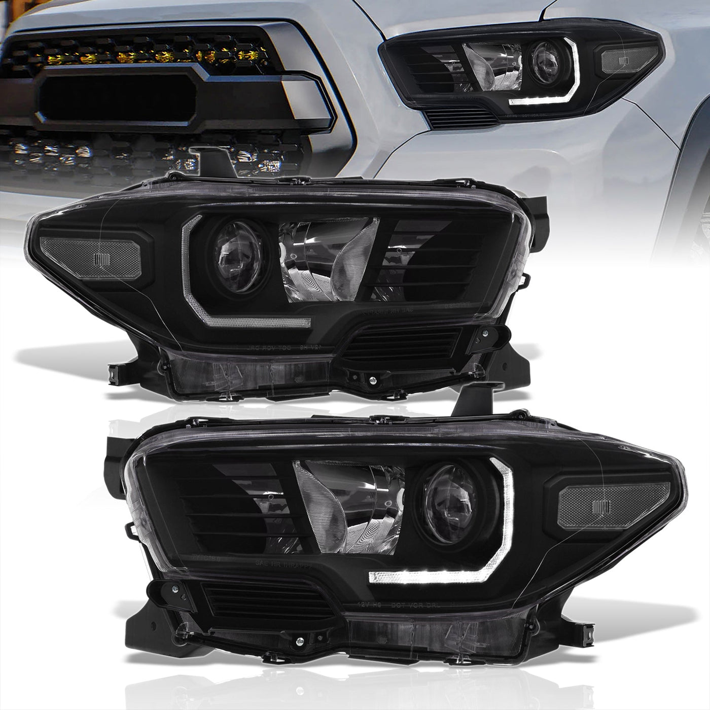 Toyota Tacoma 2016-2023 Factory Style Projector Headlights Black Housing Clear Len Clear Reflector (Models with Factory LED DRL Headlights Only)