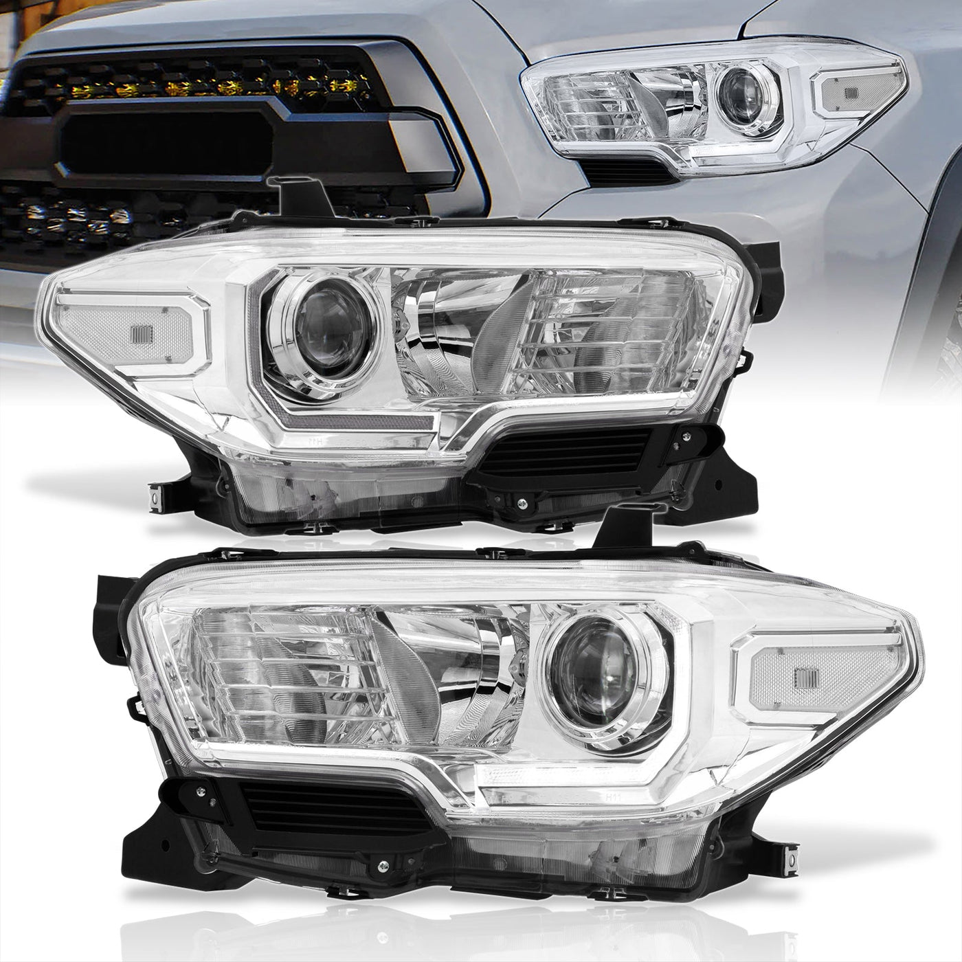 Toyota Tacoma 2016-2023 Factory Style Projector Headlights Chrome Housing Clear Len Clear Reflector (Models with Factory LED DRL Headlights Only)