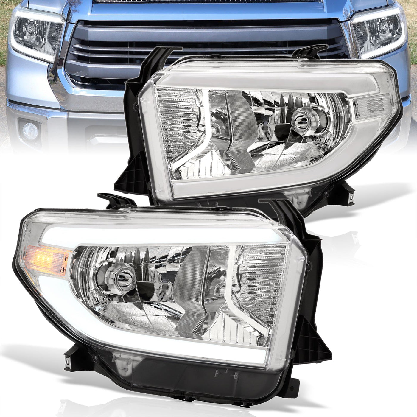 Toyota Tundra 2014-2021 LED DRL Bar Factory Style Headlights Chrome Housing Clear Len Clear Reflector (Halogen Models Only)