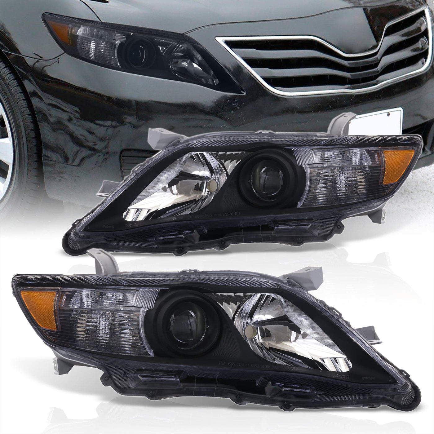 Toyota Camry 2010-2011 Factory Style Projector Headlights Black Housing Clear Len Amber Reflector