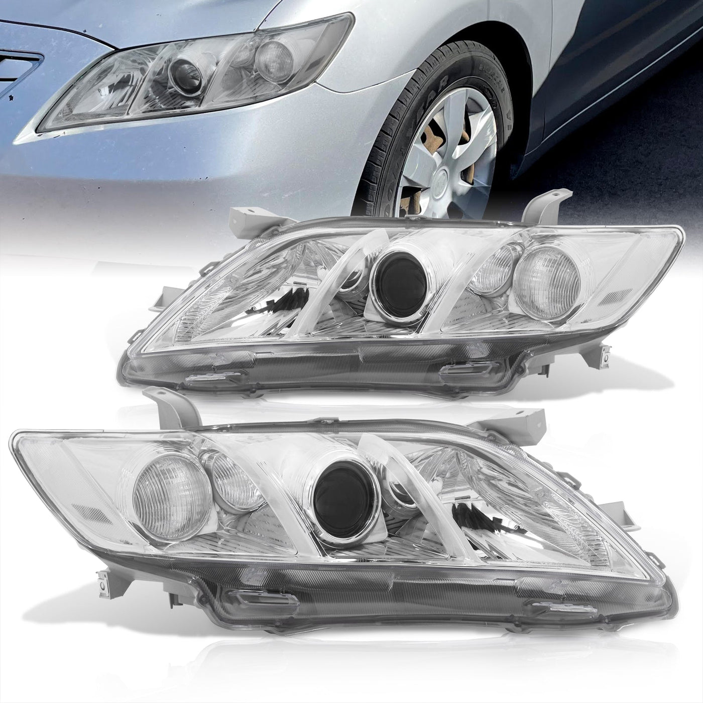 Toyota Camry 2007-2009 Factory Style Projector Headlights Chrome Housing Clear Len Clear Reflector