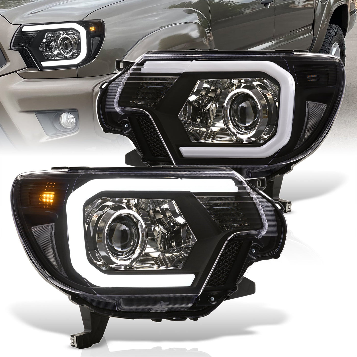 Toyota Tacoma 2012-2015 LED DRL Bar Projector Headlights Black Housing Clear Len Clear Reflector