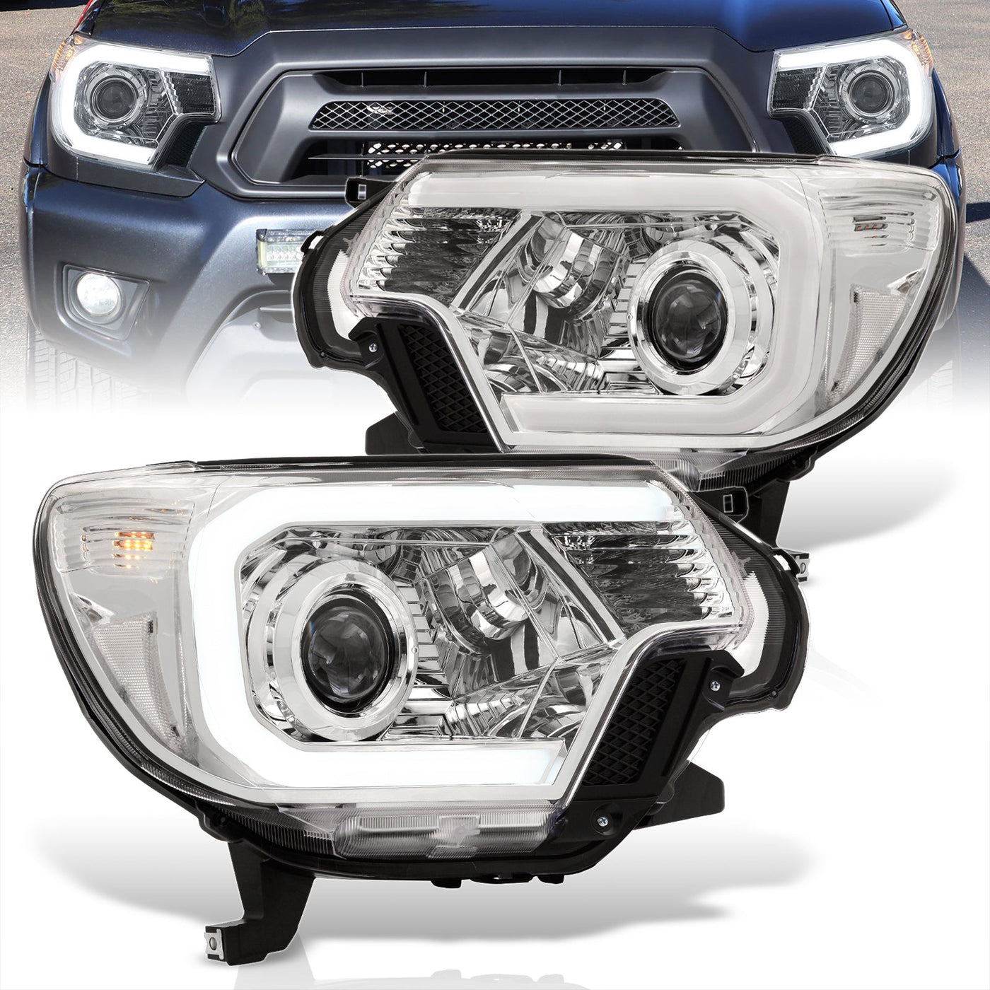 Toyota Tacoma 2012-2015 LED DRL Bar Projector Headlights Chrome Housing Clear Len Clear Reflector