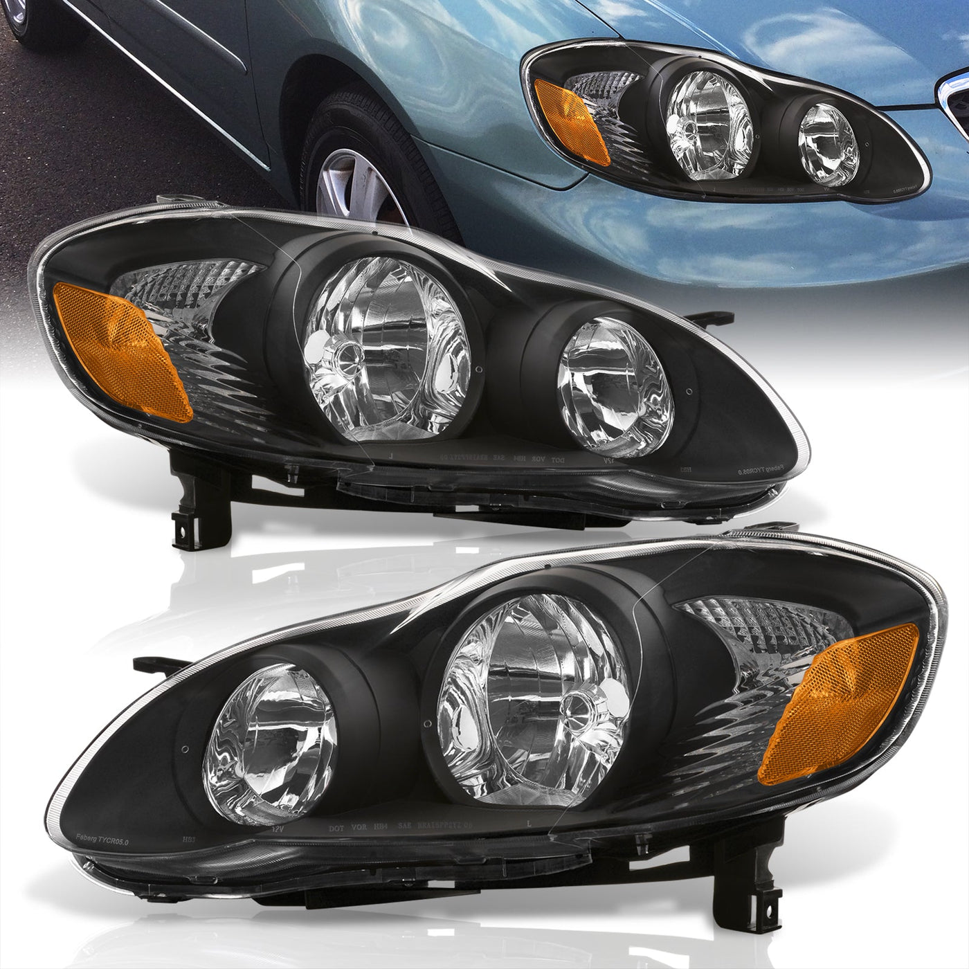 Toyota Corolla 2003-2008 Factory Style Headlights Black Housing Clear Len Clear Reflector