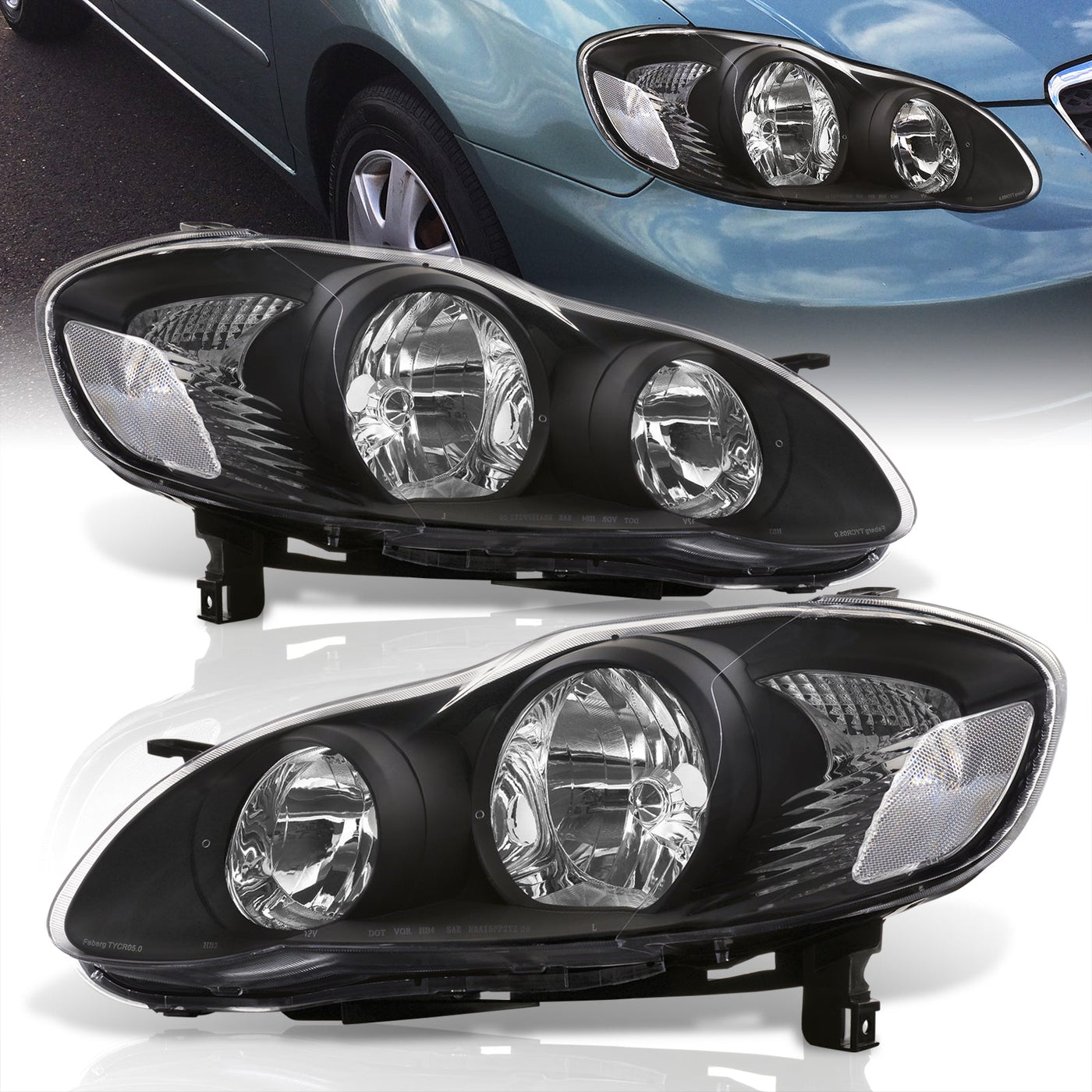 Toyota Corolla 2003-2008 Factory Style Headlights Black Housing Clear Len Amber Reflector