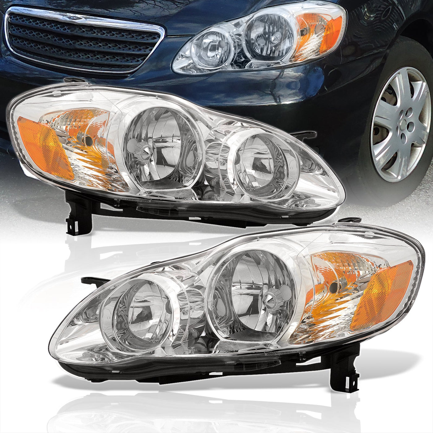 Toyota Corolla 2003-2008 Factory Style Headlights Chrome Housing Clear Len Amber Reflector