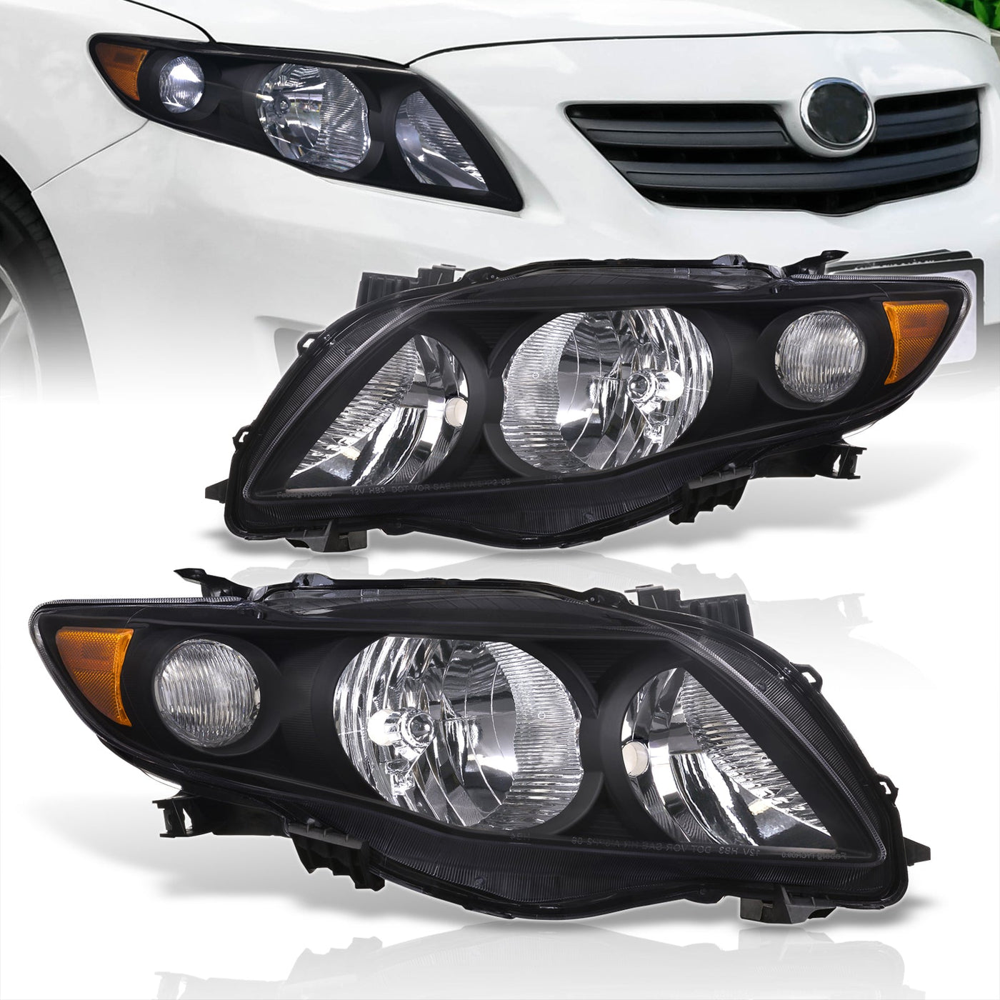 Toyota Corolla 2009-2010 Factory Style Headlights Black Housing Clear Len Amber Reflector