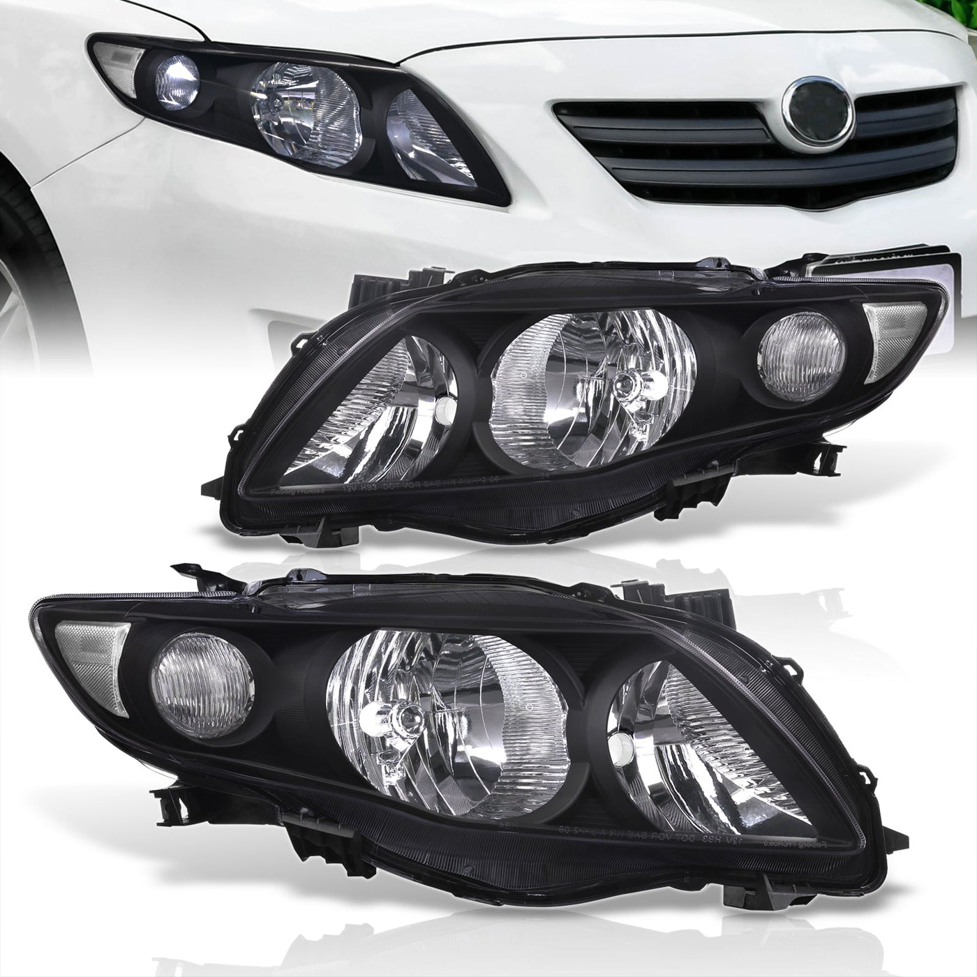 Toyota Corolla 2009-2010 Factory Style Headlights Black Housing Clear Len Clear Reflector