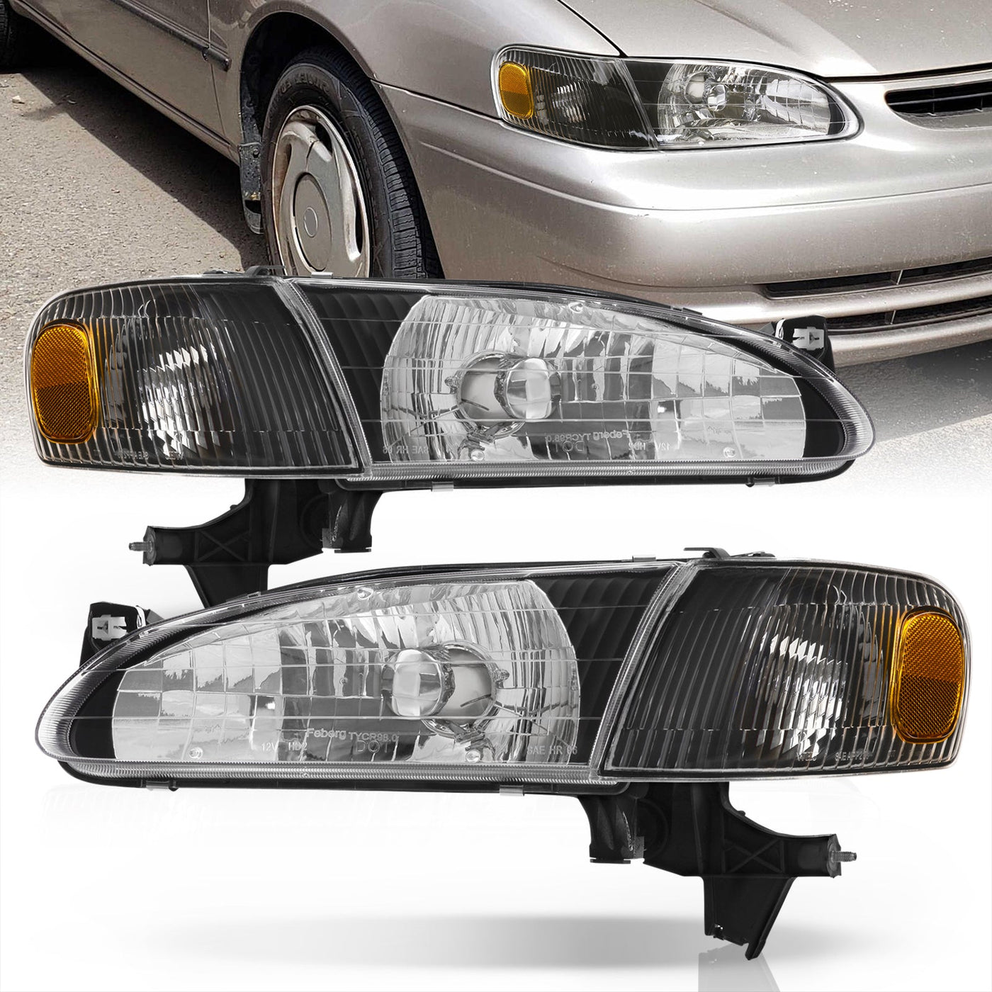 Toyota Corolla 1998-2000 Factory Style Headlights + Corners Black Housing Clear Len Amber Reflector