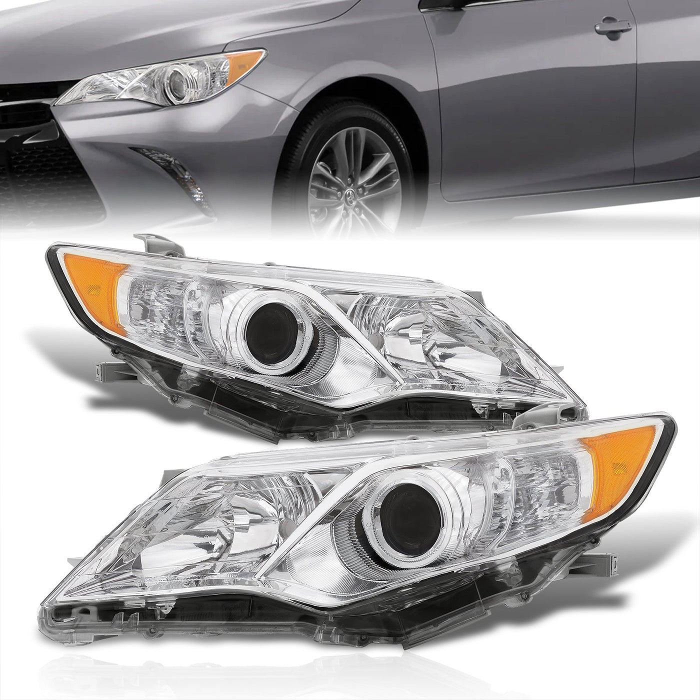 Toyota Camry 2012-2014 Factory Style Headlights Chrome Housing Clear Len Amber Reflector