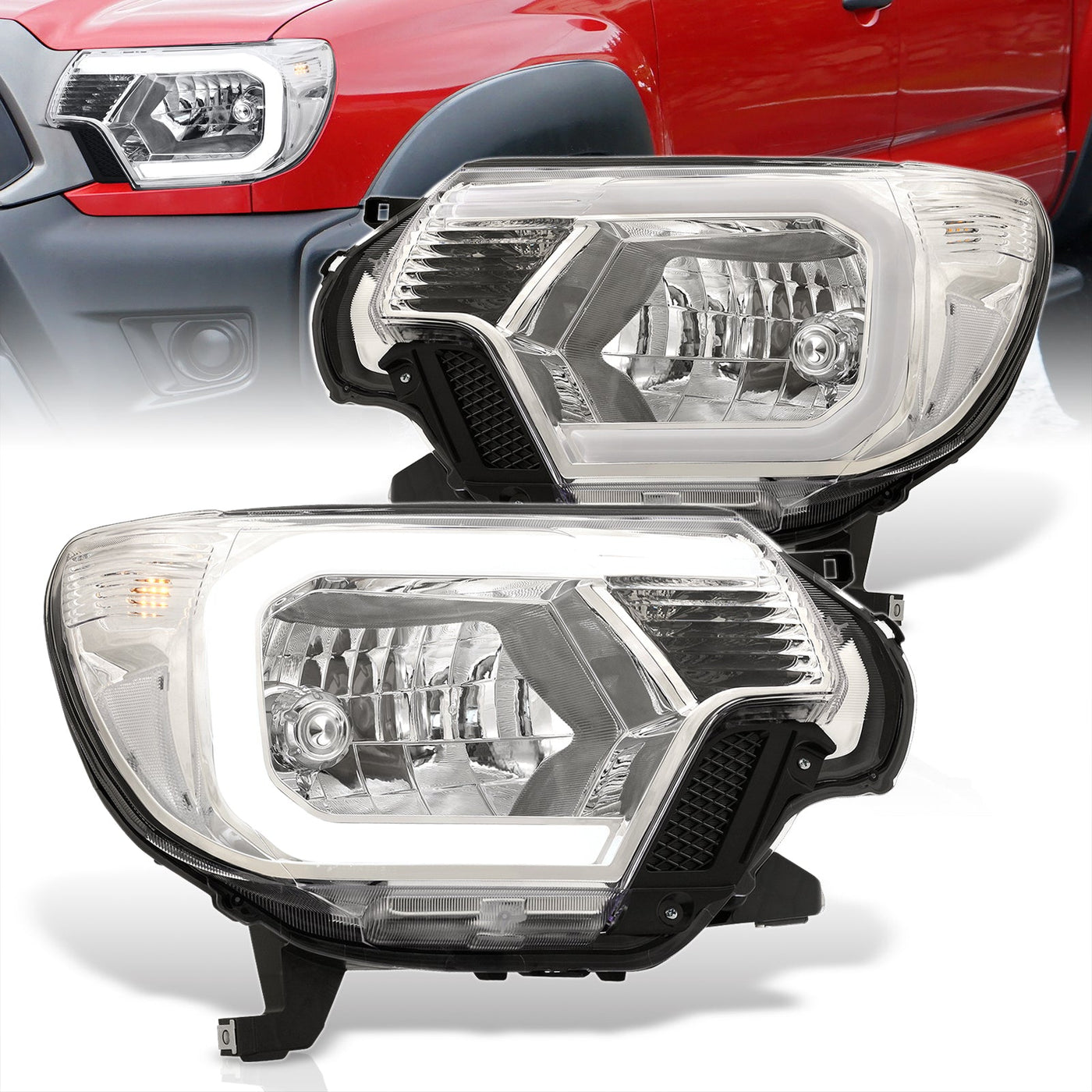 Toyota Tacoma 2012-2015 LED DRL Bar Factory Style Headlights Chrome Housing Clear Len Clear Reflector