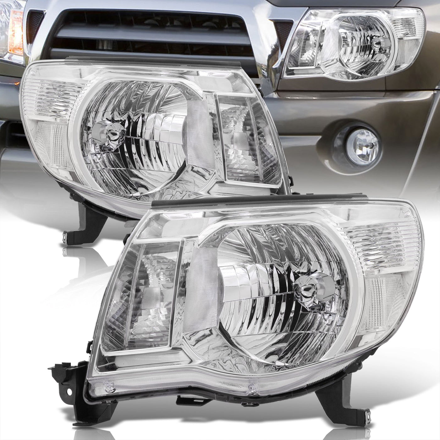 Toyota Tacoma 2005-2011 Factory Style Headlights Chrome Housing Clear Len Clear Reflector