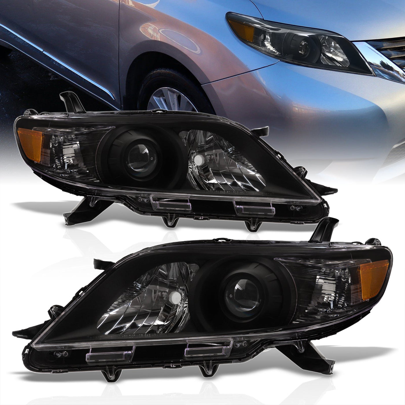 Toyota Sienna 2011-2020 Factory Style Headlights Black Housing Clear Len Amber Reflector