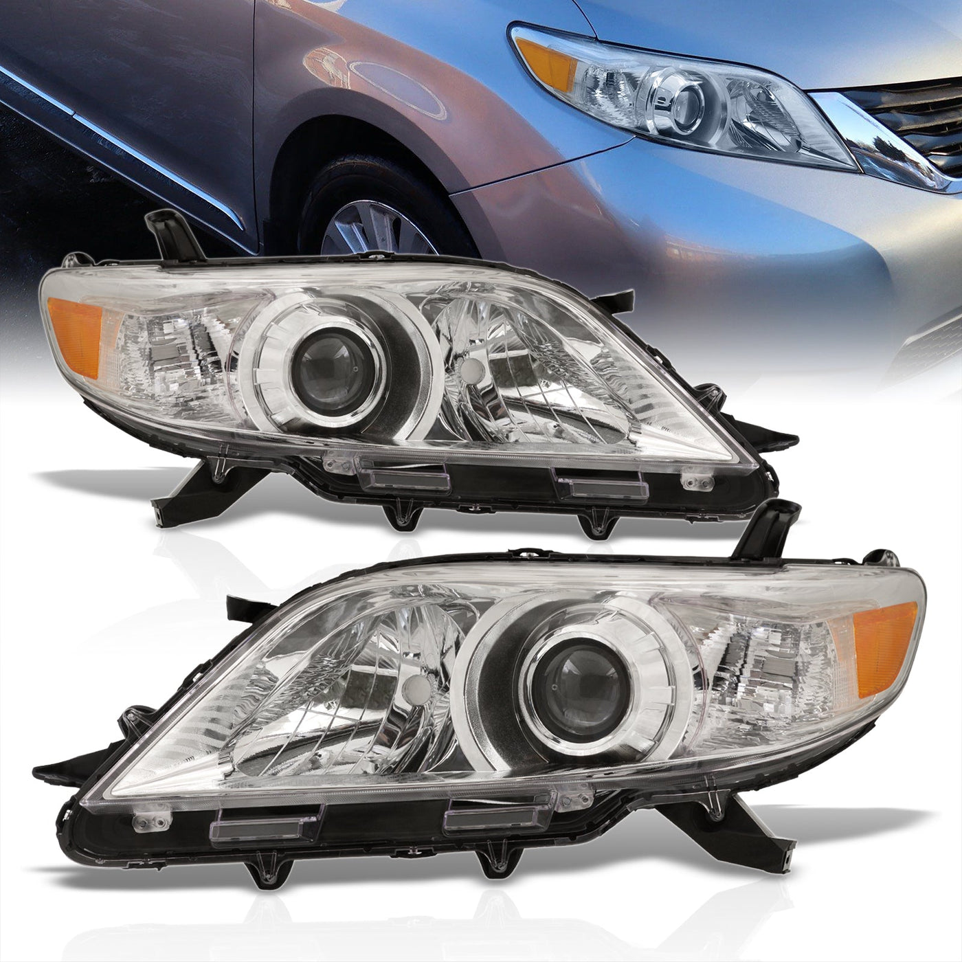 Toyota Sienna 2011-2020 Factory Style Headlights Chrome Housing Clear Len Amber Reflector