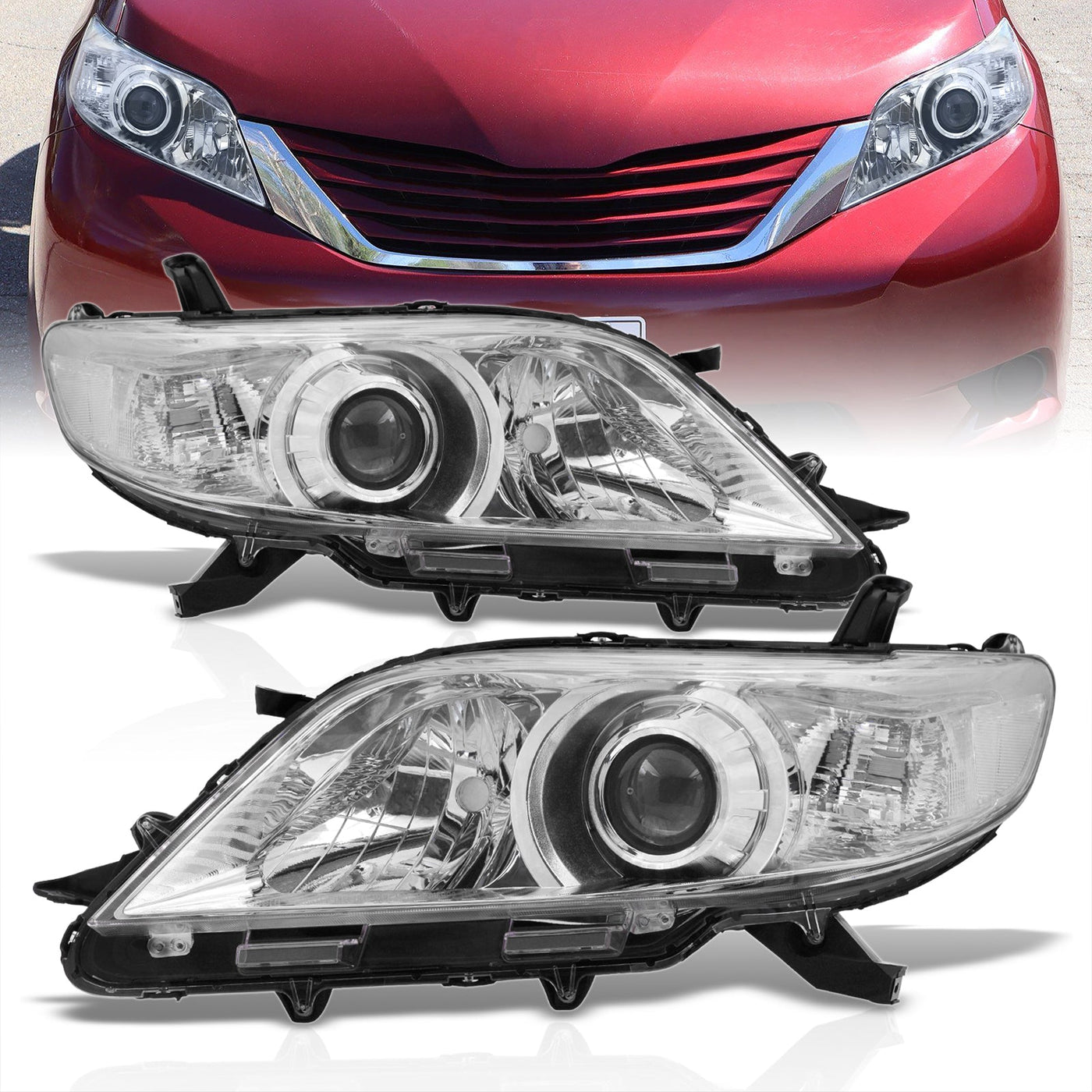 Toyota Sienna 2011-2020 Factory Style Headlights Chrome Housing Clear Len Clear Reflector