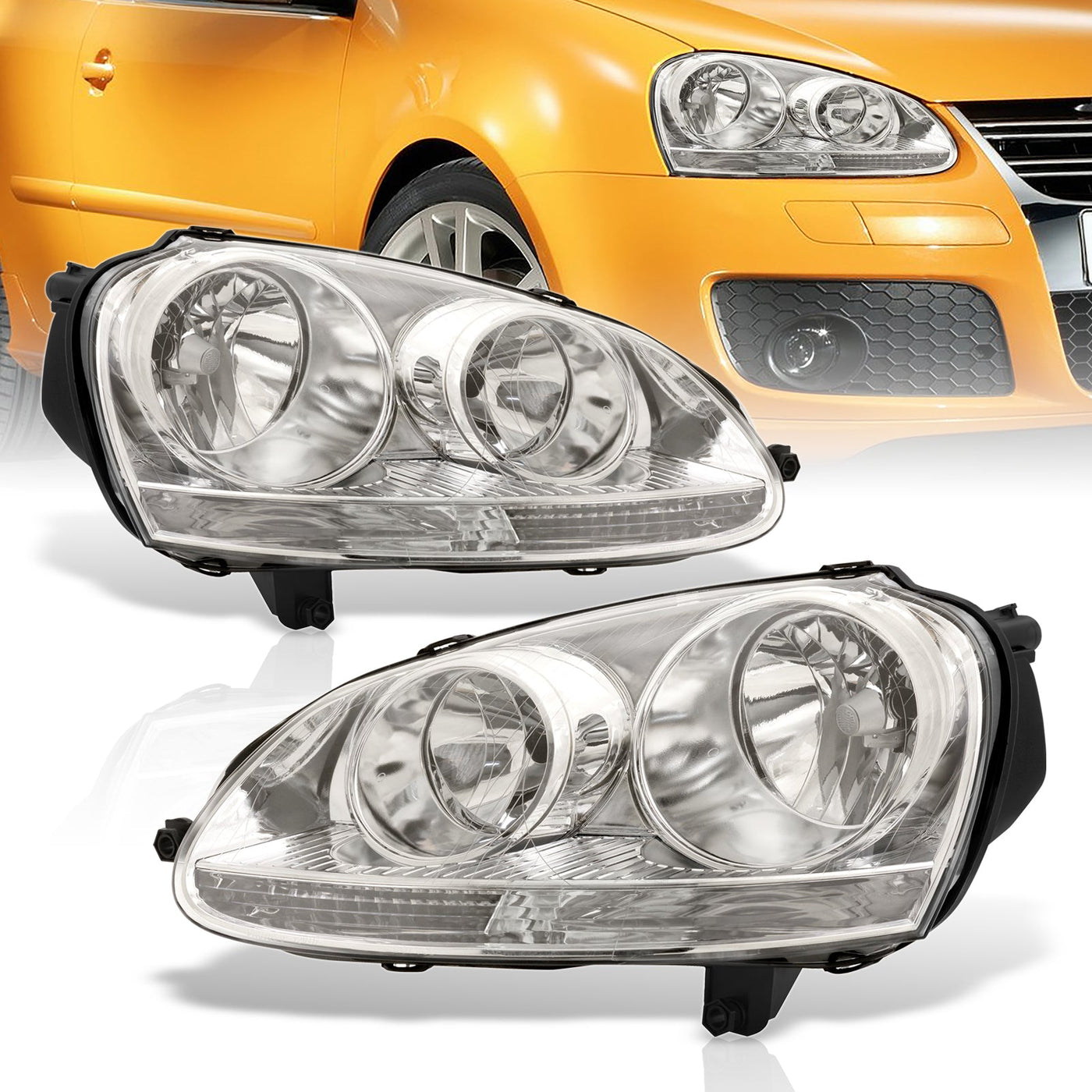 Volkswagen Golf 2006-2008 / Rabbit 2006-2008 / Jetta 2006-2010 Factory Style Headlights Chrome Housing Clear Len Clear Reflector (Halogen Models Only)