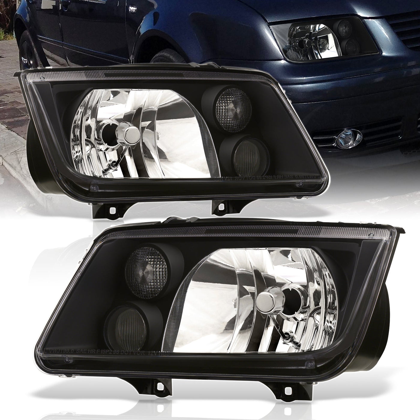 Volkswagen Jetta 1999-2004 Factory Style Headlights + Euro Fogs Black Housing Clear Len Clear Reflector