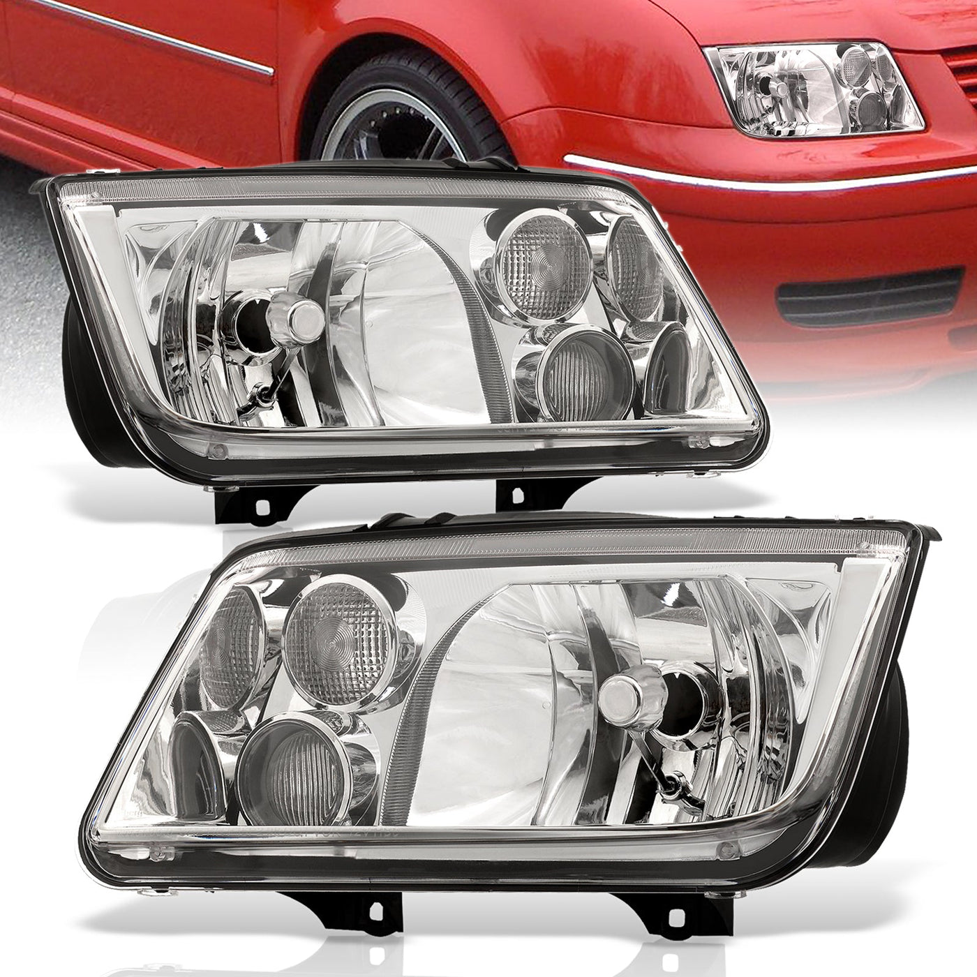 Volkswagen Jetta 1999-2004 Factory Style Headlights + Euro Fogs Chrome Housing Clear Len Clear Reflector