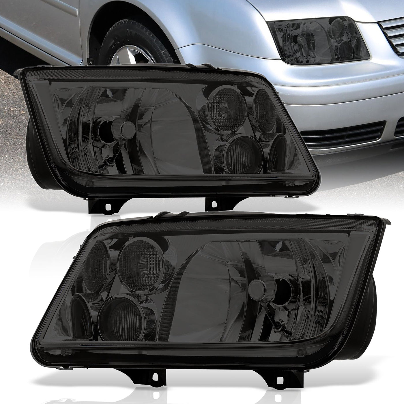 Volkswagen Jetta 1999-2004 Factory Style Headlights + Euro Fogs Chrome Housing Smoke Len Clear Reflector