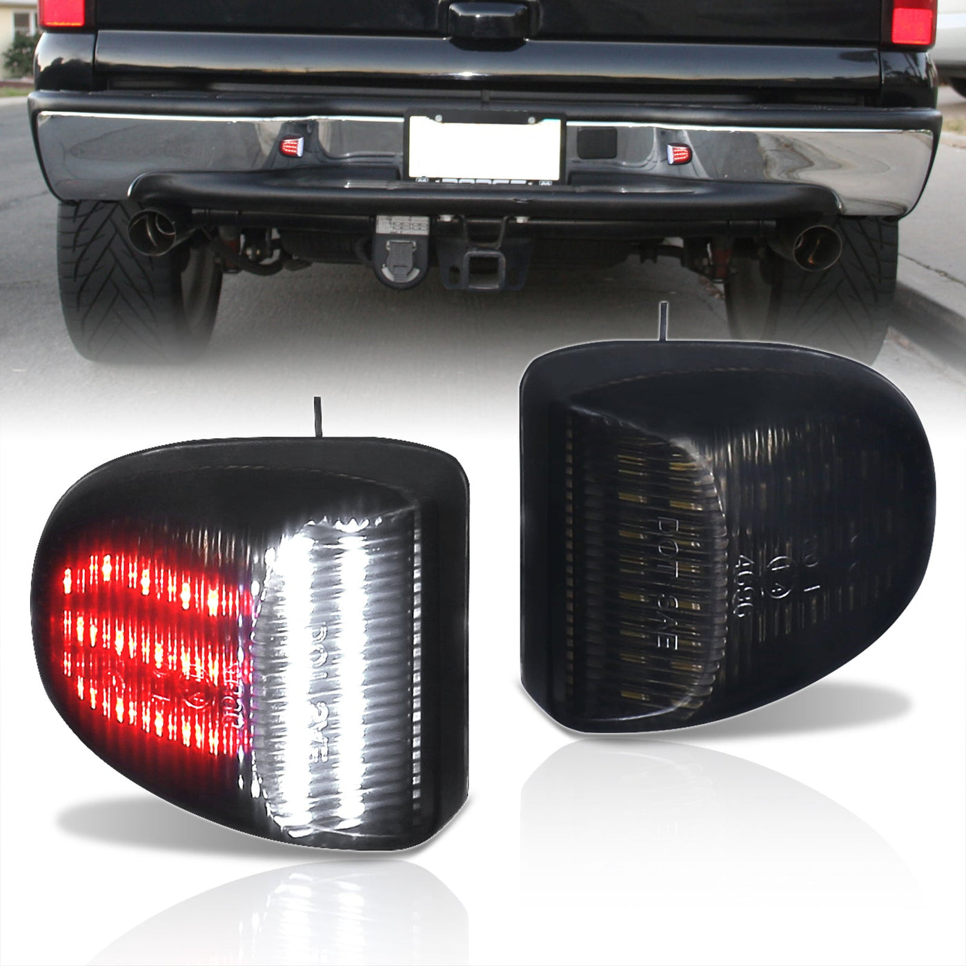 Chevrolet Silverado Tahoe Suburban 1999-2013 / GMC Sierra Yukon 1999-2013 / Cadillac Escalade 2002-2006 White & Red LED License Plate Lights Smoke Len