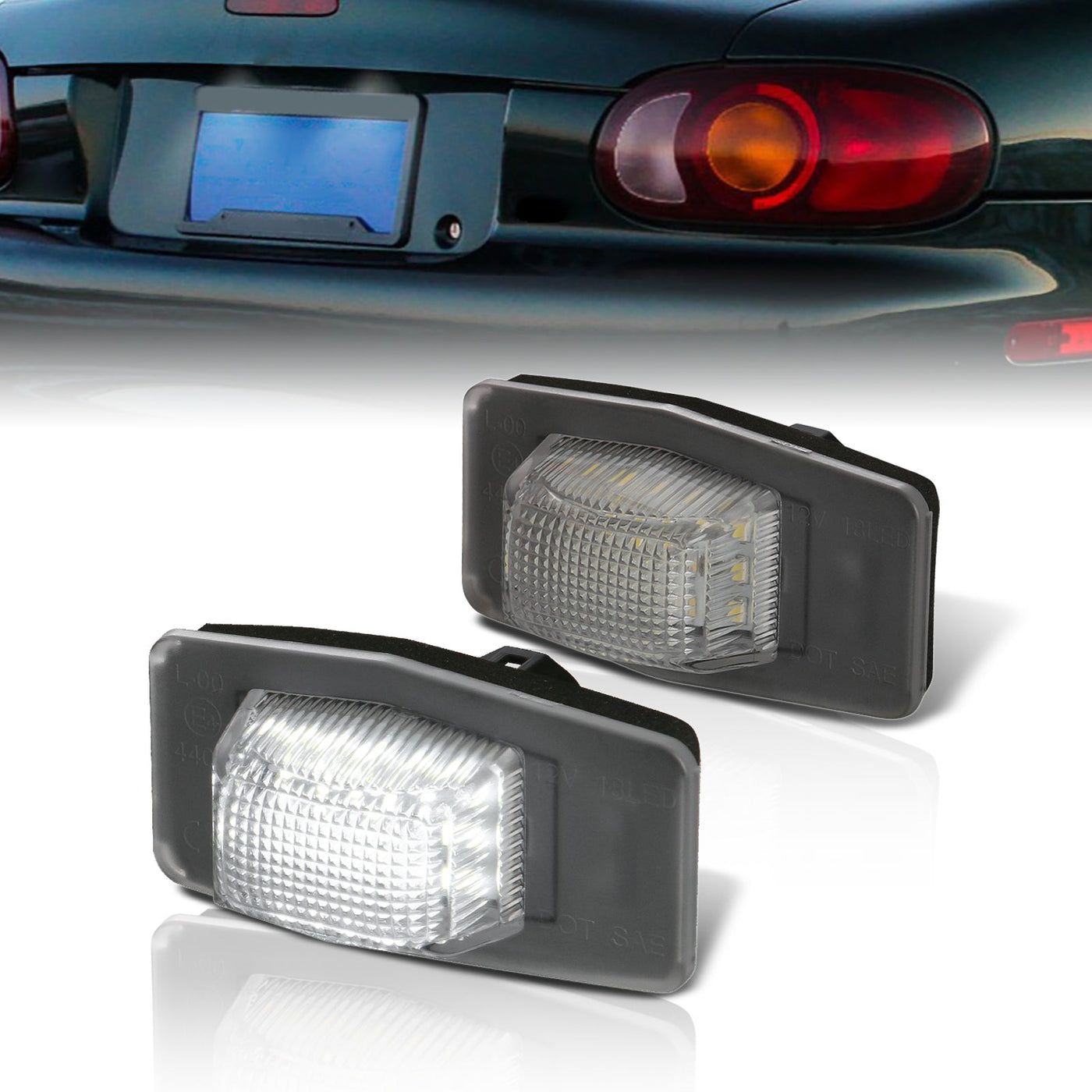 Mazda Miata MX-5 1998-2005 / Protege 1999-2003 / MPV 2000-2006 / Tribute 2001-2006 White SMD LED License Plate Lights Clear Len