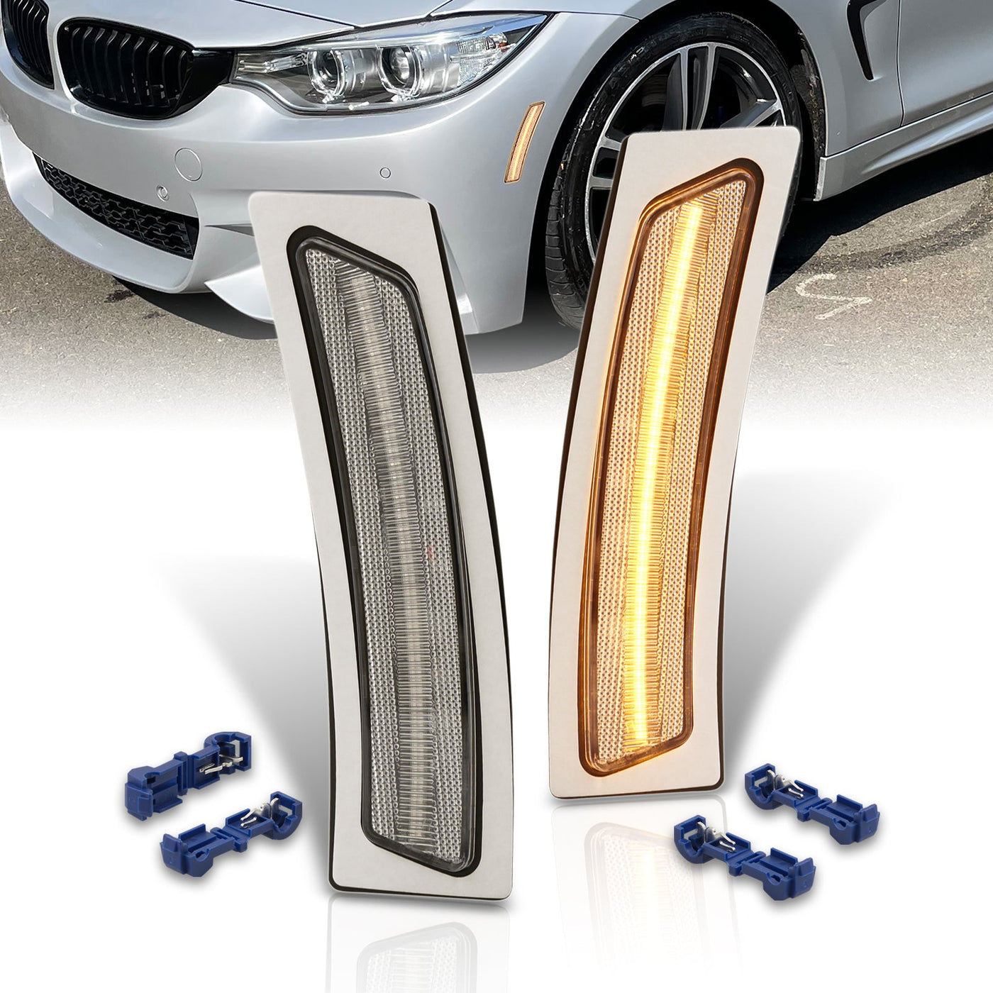 BMW 3 Series LCI F30 F31 (Base) 2016-2019 / F30 M Sport 2012-2015 / 4 Series F32 F33 F36 2014-2020 Front Bumper Amber LED Side Marker Reflector Lights Clear Len