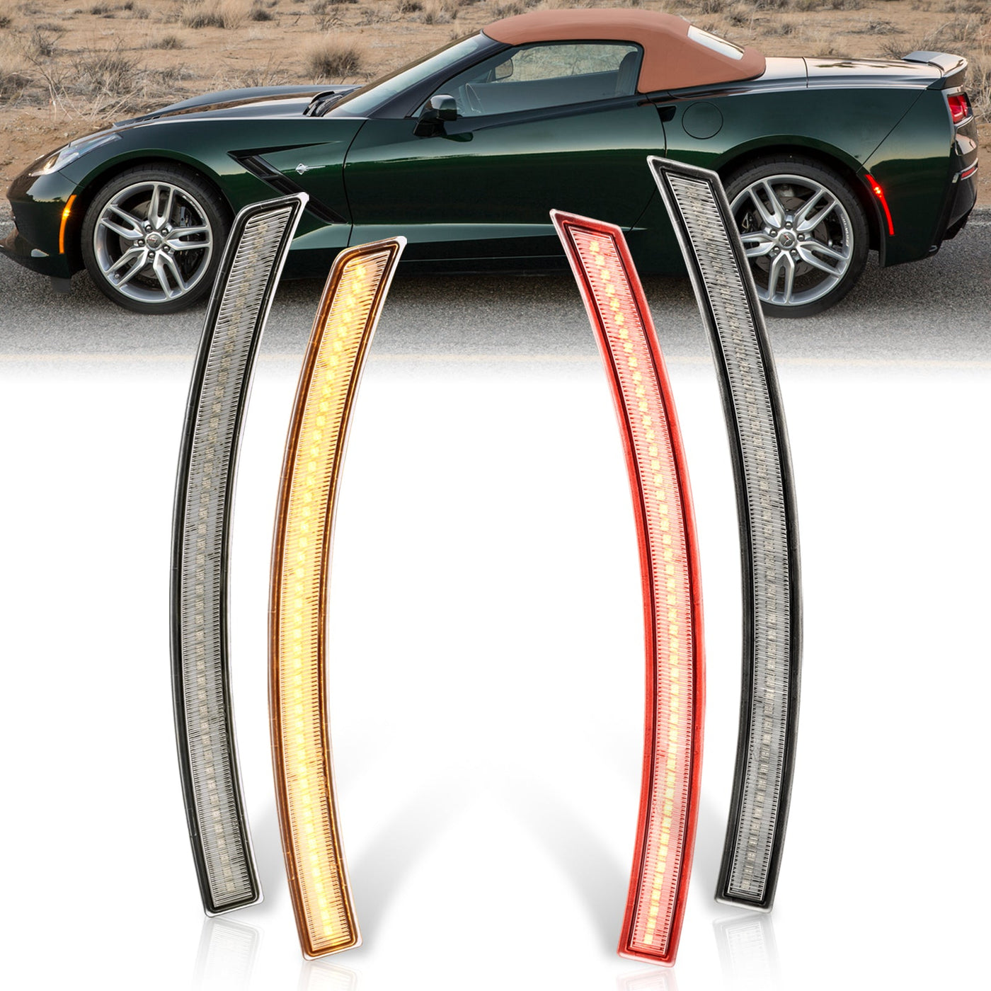 Chevrolet Corvette C7 2014-2019 4 Piece Front Amber & Rear Red LED Side Marker Lights Clear Len