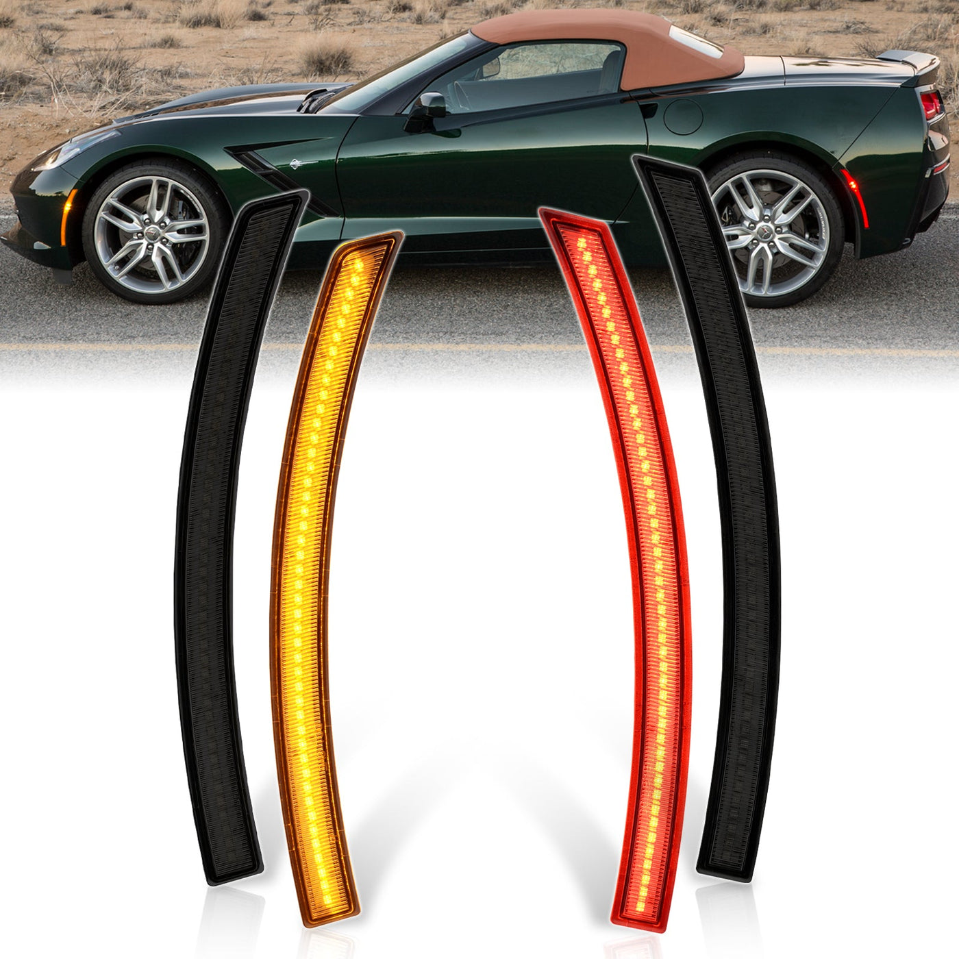 Chevrolet Corvette C7 2014-2019 4 Piece Front Amber & Rear Red LED Side Marker Lights Smoke Len