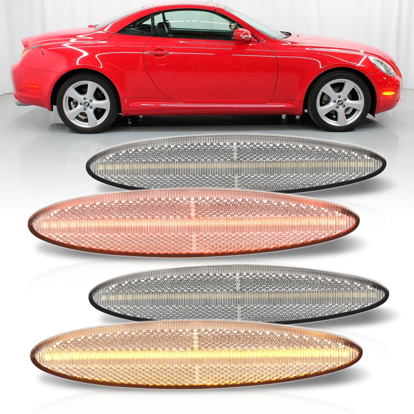 Lexus SC430 2002-2010 4 Piece Front Amber & Rear Red LED Fender Side Marker Lights Clear Len