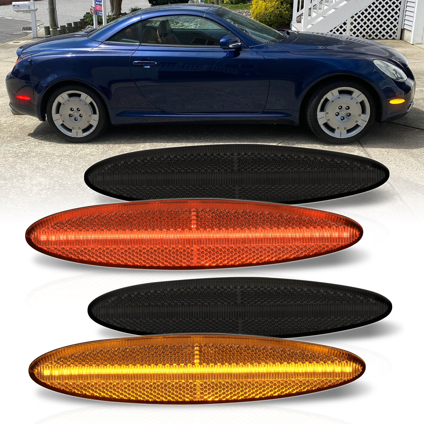 Lexus SC430 2002-2010 4 Piece Front Amber & Rear Red LED Fender Side Marker Lights Smoke Len