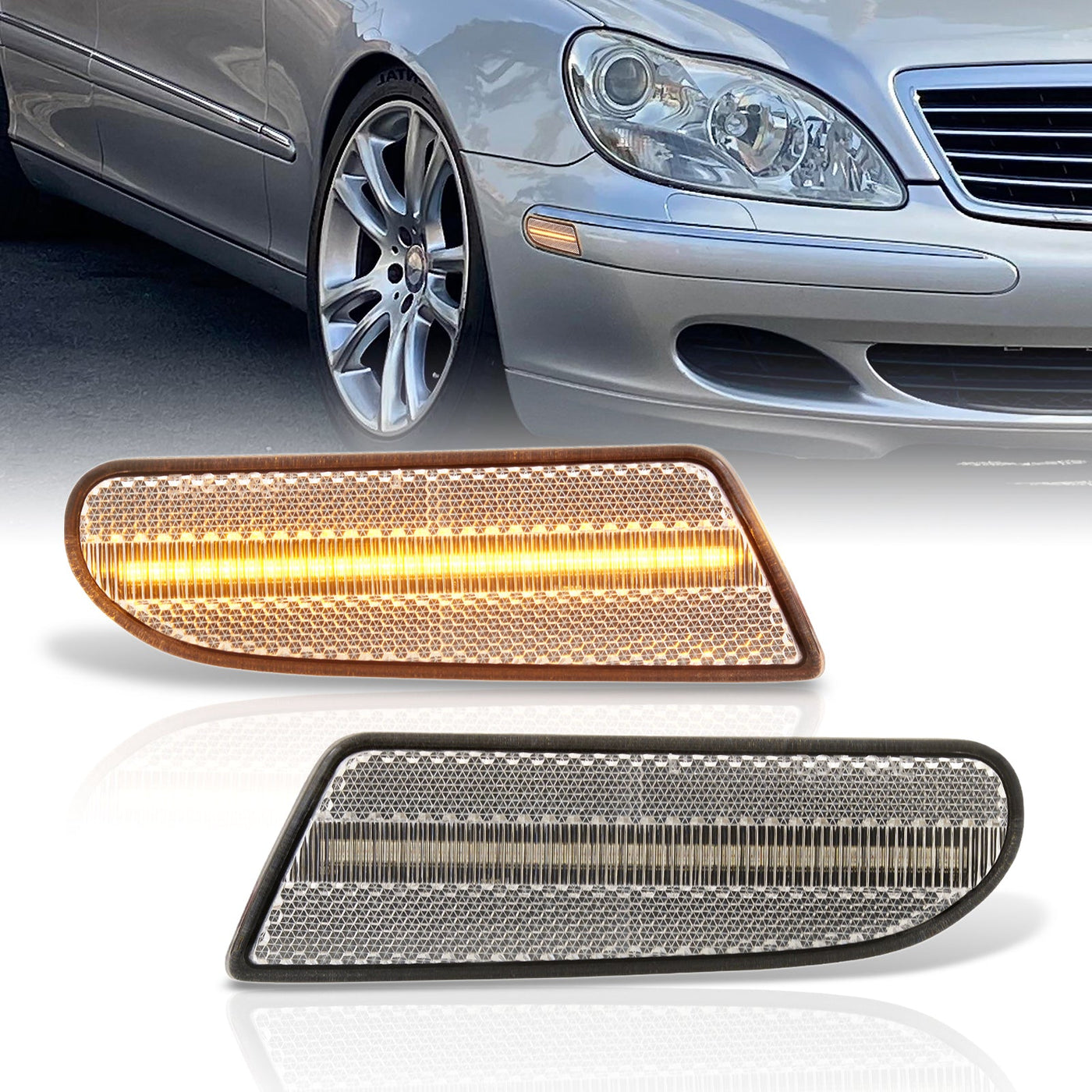 Mercedes Benz S-Class W220 2000-2006 Front Amber LED Side Marker Lights Clear Len