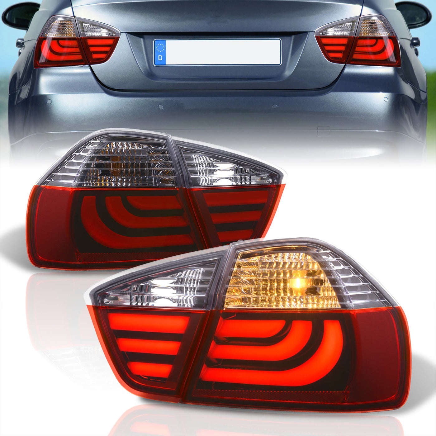 BMW 3 Series E90 4 Door 2005-2009 LED Bar Tail Lights Chrome Housing Red Len White Tube