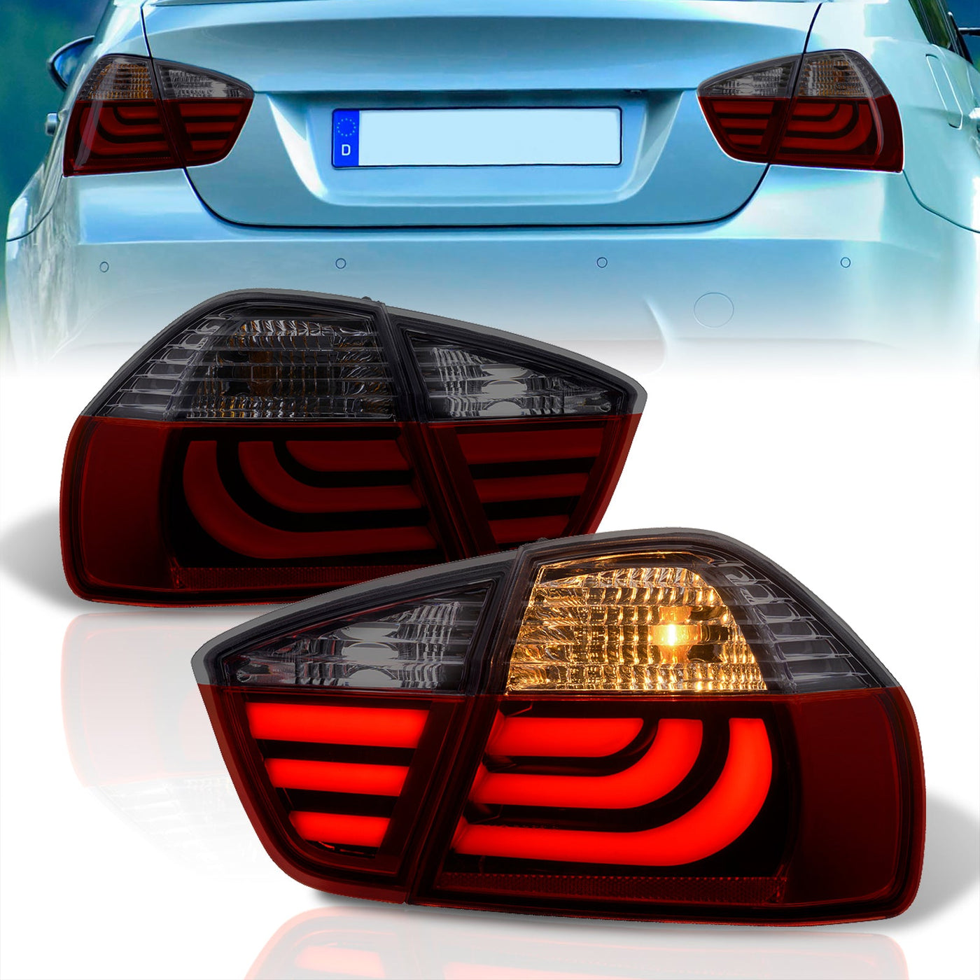 BMW 3 Series E90 4 Door 2005-2009 LED Bar Tail Lights Chrome Housing Red Smoke Len White Tube