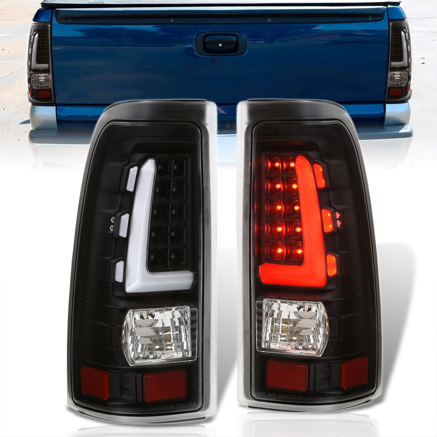 Chevrolet Silverado 1999-2006 / GMC Sierra 1999-2006 LED Bar Tail Lights Black Housing Clear Len White Tube