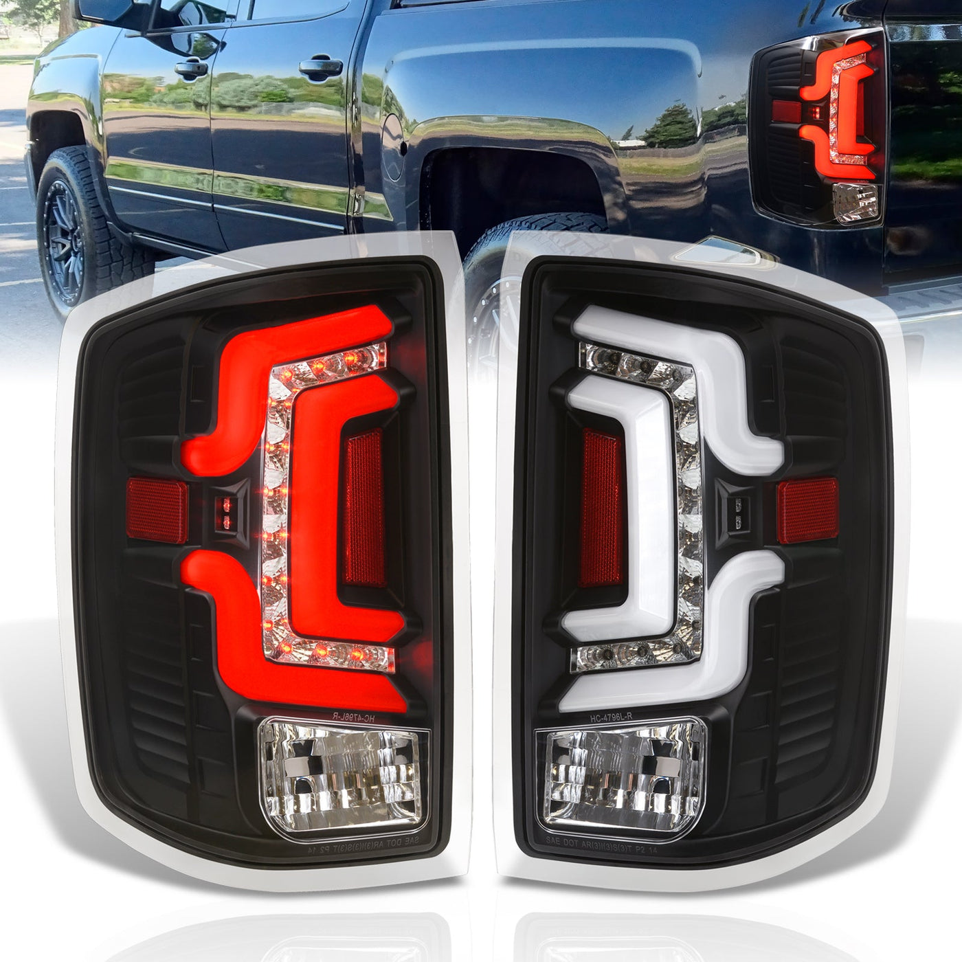 Chevrolet Silverado 1500 2014-2018 / 1500LD 2019 / 2500HD 3500HD 2015-2019 / GMC Sierra 3500HD Dually 2015-2019 LED Bar Tail Lights Black Housing Clear Len White Tube (Excluding OEM LED Models)