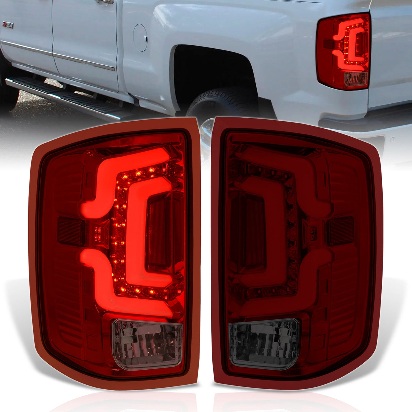 Chevrolet Silverado 1500 2014-2018 / 1500LD 2019 / 2500HD 3500HD 2015-2019 / GMC Sierra 3500HD Dually 2015-2019 LED Bar Tail Lights Chrome Housing Red Smoke Len White Tube (Excluding OEM LED Models)