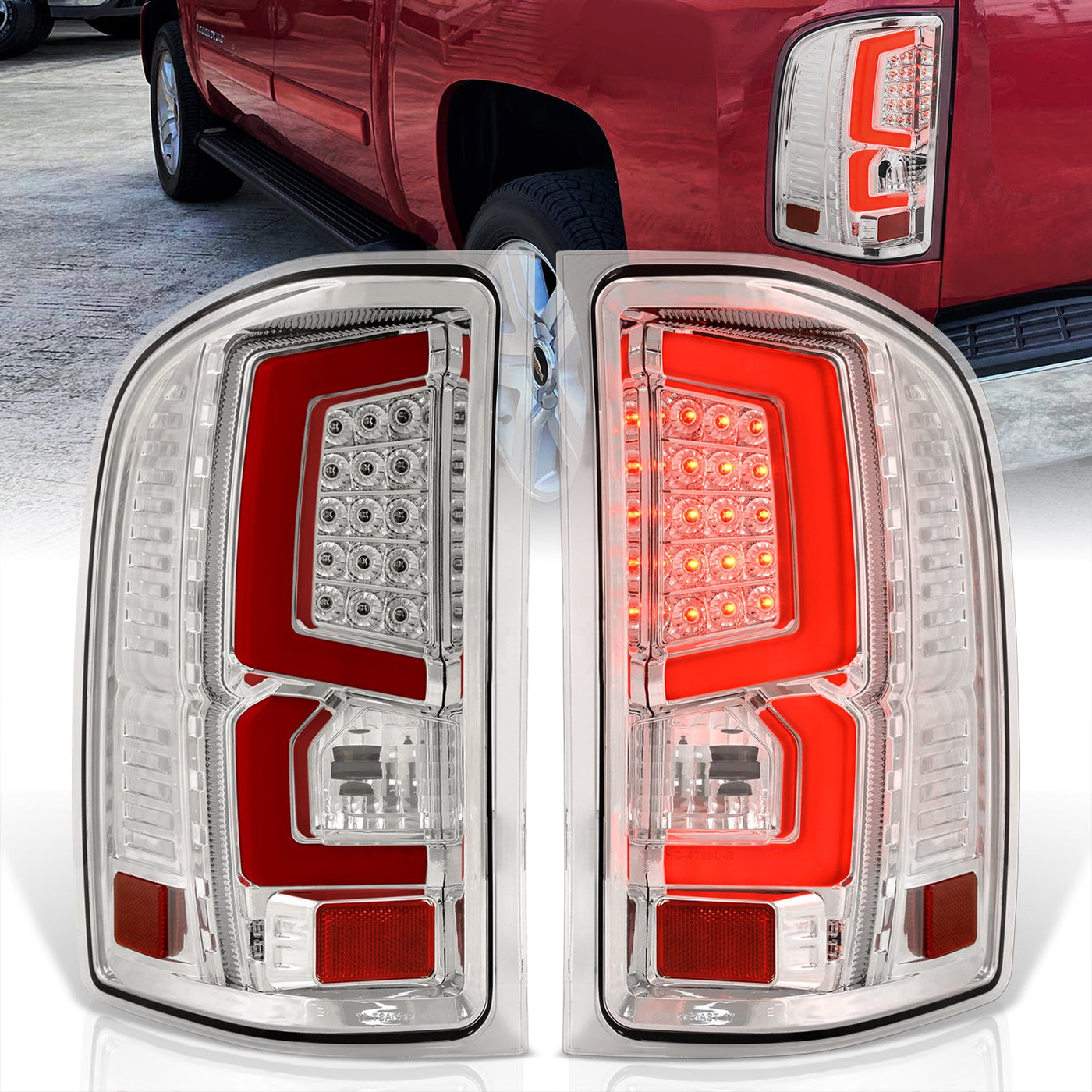 Chevrolet Silverado 2007-2013 LED Bar Tail Lights Chrome Housing Clear Len Red Tube